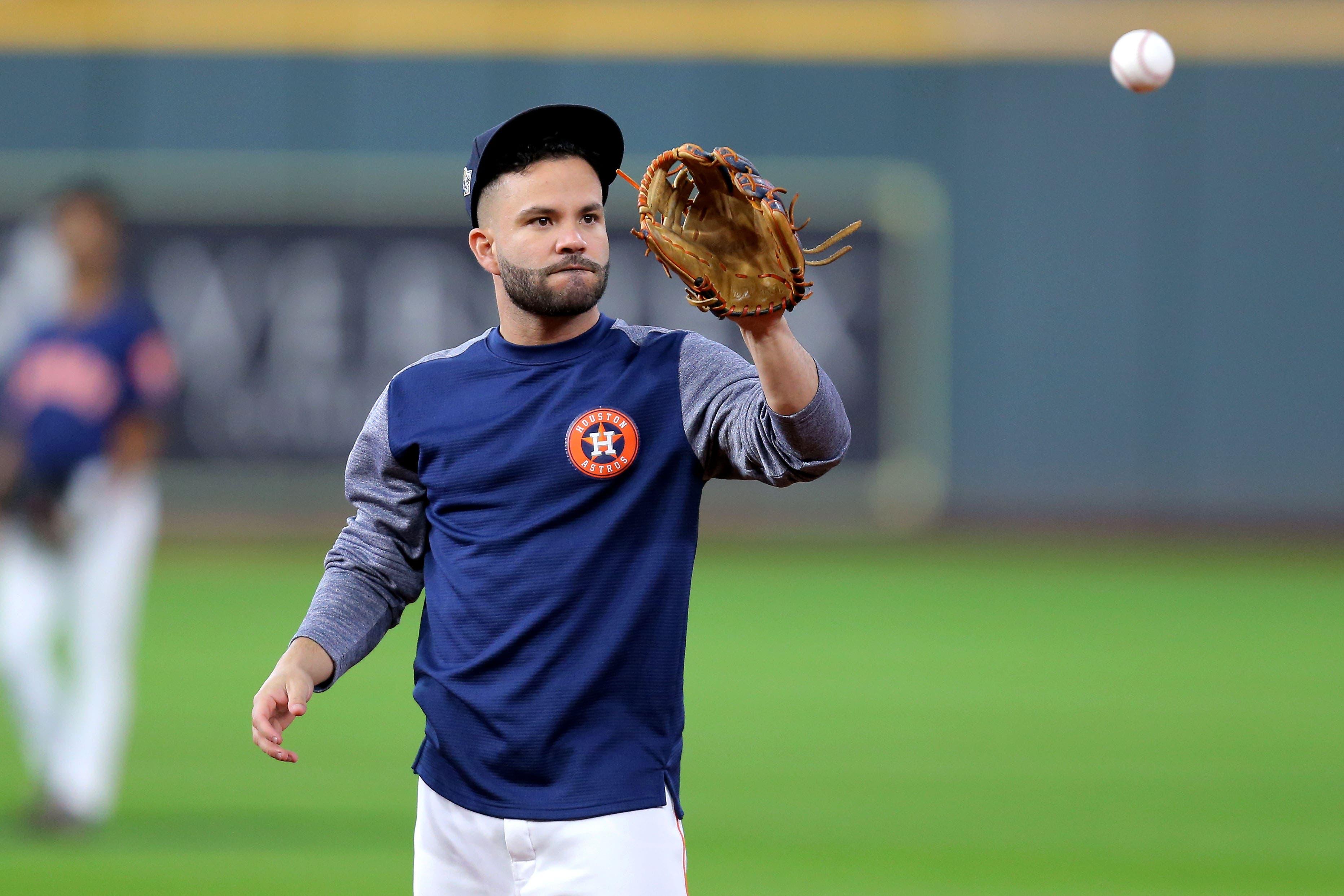 Oct 30, 2019; Houston, TX, USA; Houston Astros second baseman Jose Altuve (27) warms up prior to game seven of the 2019 World Series against the Washington Nationals at Minute Maid Park. Mandatory Credit: Erik Williams-USA TODAY Sports / Erik Williams