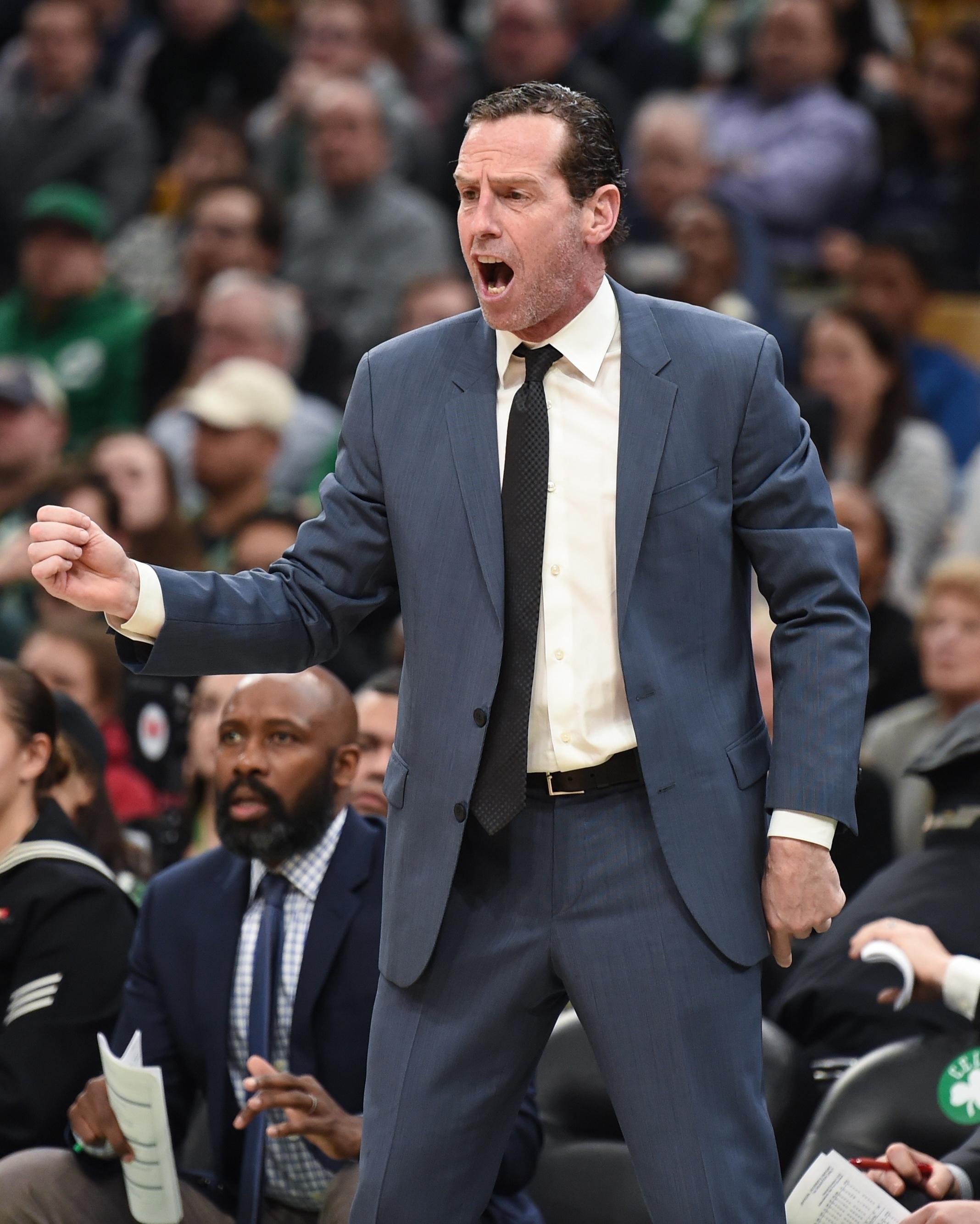 Brooklyn Nets head coach Kenny Atkinson reacts during the first half against the Boston Celtics at TD Garden.