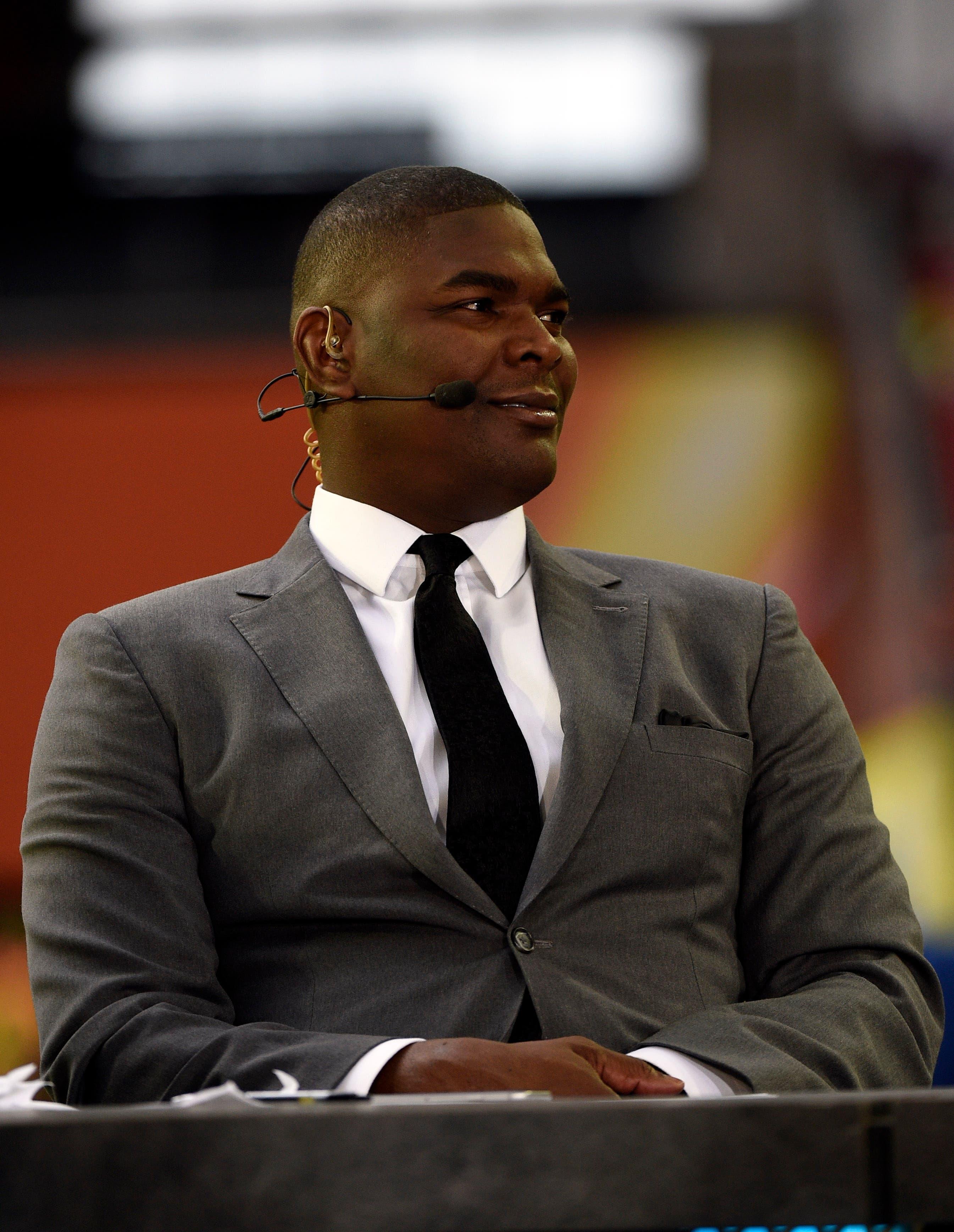 Jan 25, 2015; Phoenix, AZ, USA; ESPN commentator Keyshawn Johnson before the 2015 Pro Bowl at University of Phoenix Stadium. Mandatory Credit: Kyle Terada-USA TODAY Sports / Kyle Terada