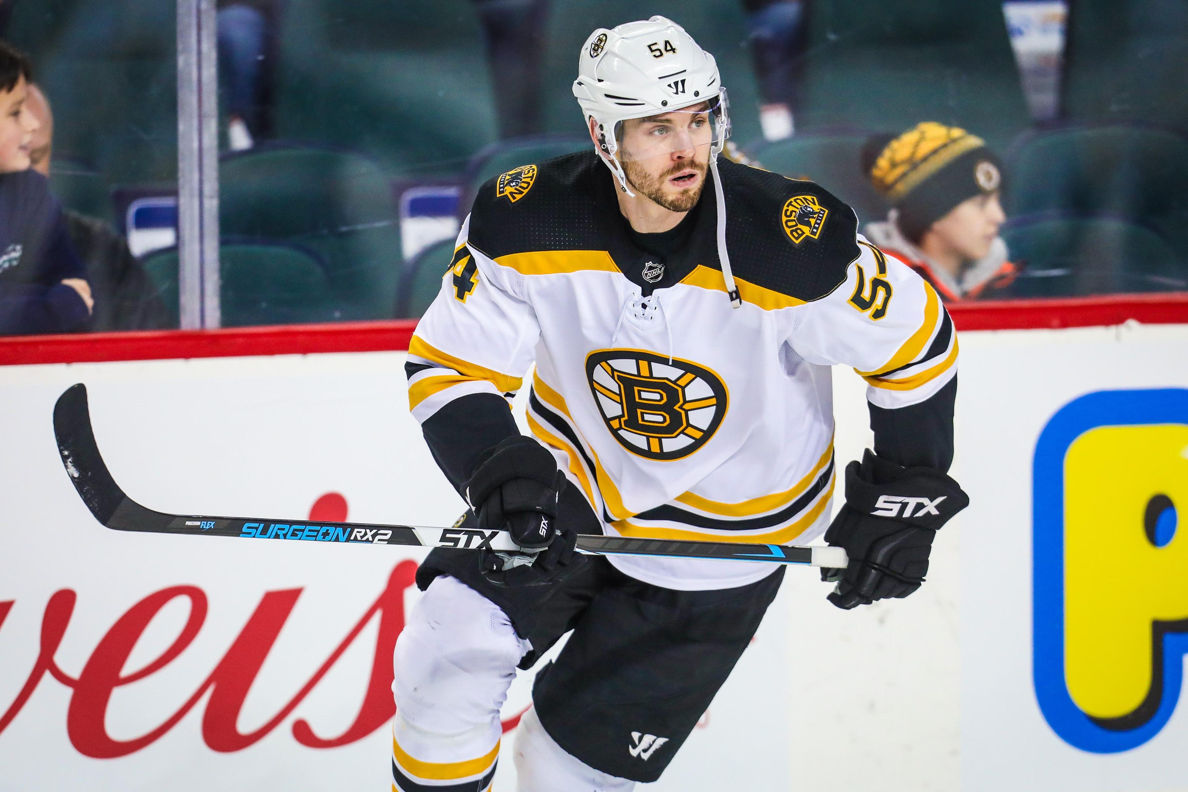 Feb 19, 2018; Calgary, Alberta, CAN; Boston Bruins defenseman Adam McQuaid (54) skates during the warmup period against the Calgary Flames at Scotiabank Saddledome. Mandatory Credit: Sergei Belski-USA TODAY Sports / Sergei Belski