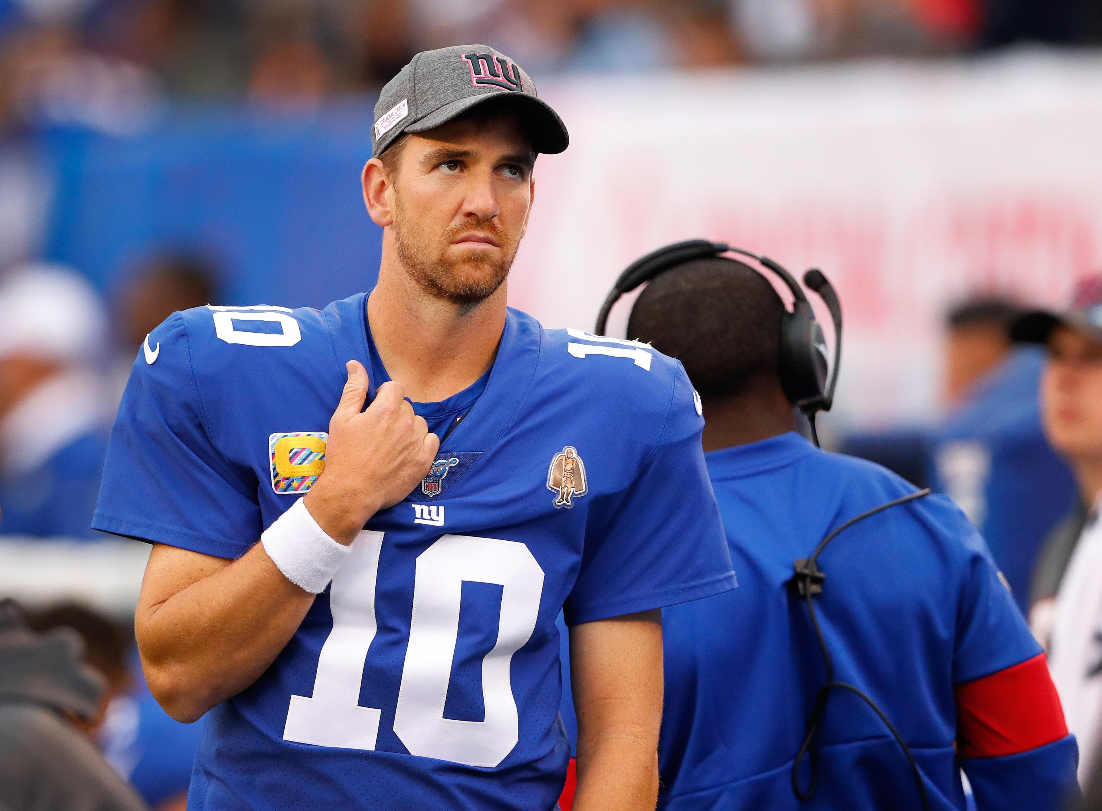 Oct 6, 2019; East Rutherford, NJ, USA; New York Giants quarterback Eli Manning (10) on the sideline during the second half at MetLife Stadium. Mandatory Credit: Noah K. Murray-USA TODAY Sports / Noah K. Murray