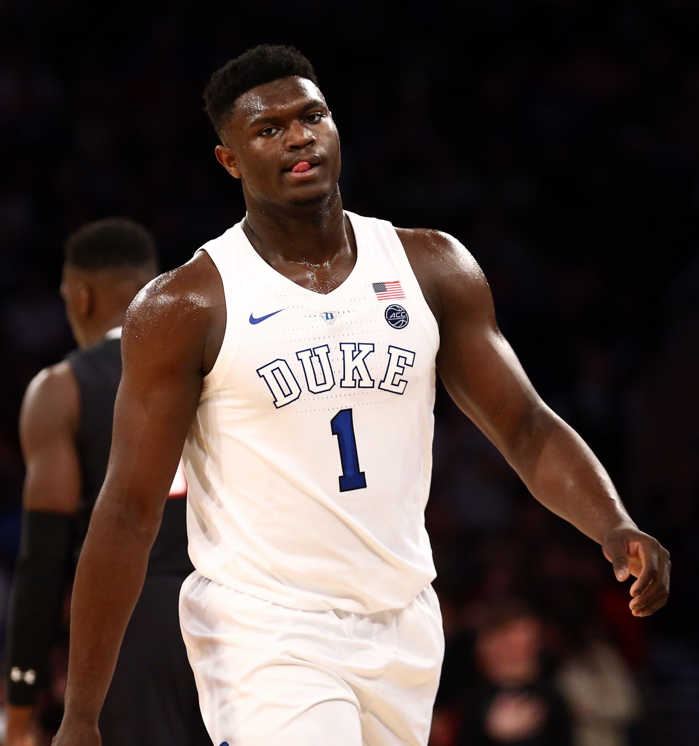 Dec 20, 2018; New York, NY, USA; Duke Blue Devils forward Zion Williamson (1) reacts against the Texas Tech Red Raiders in the first half of the Ameritas Insurance Classic at Madison Square Garden. Mandatory Credit: Nicole Sweet-USA TODAY Sports / Nicole Sweet