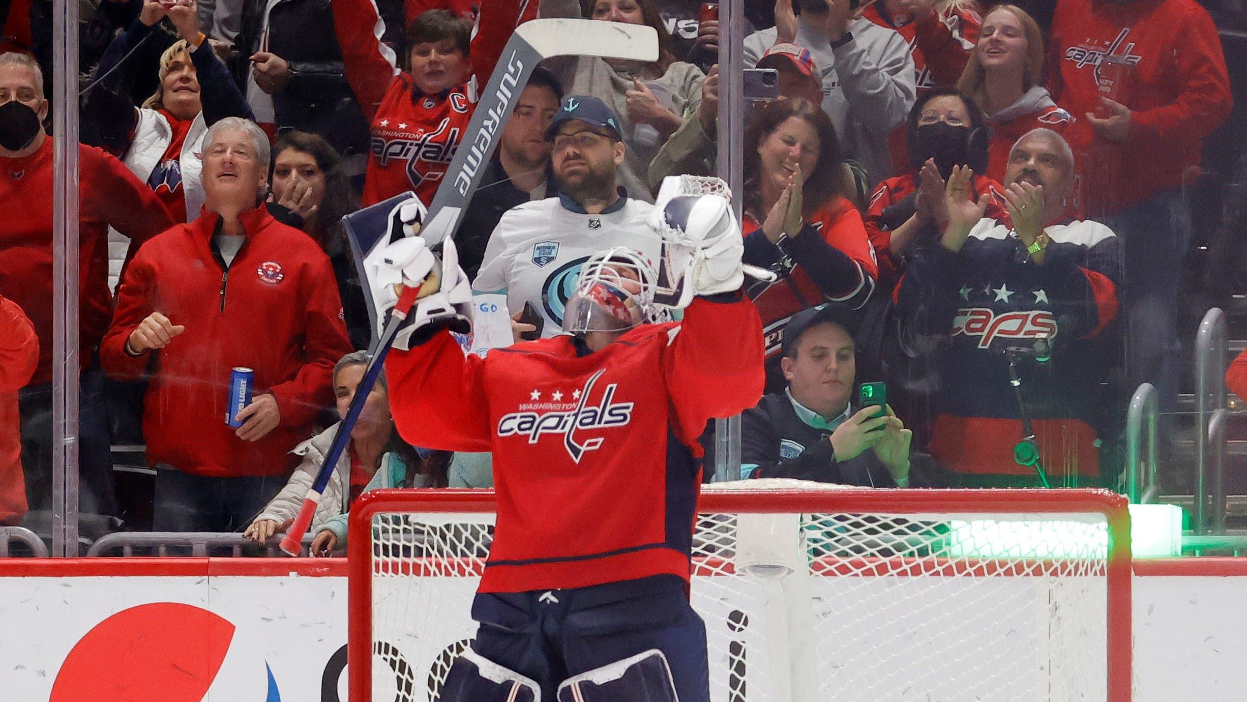 Mar 5, 2022; Washington, District of Columbia, USA; Washington Capitals goaltender Vitek Vanecek (41) celebrates after the game against the Seattle Kraken at Capital One Arena. Mandatory Credit: Geoff Burke-USA TODAY Sports / Geoff Burke-USA TODAY Sports