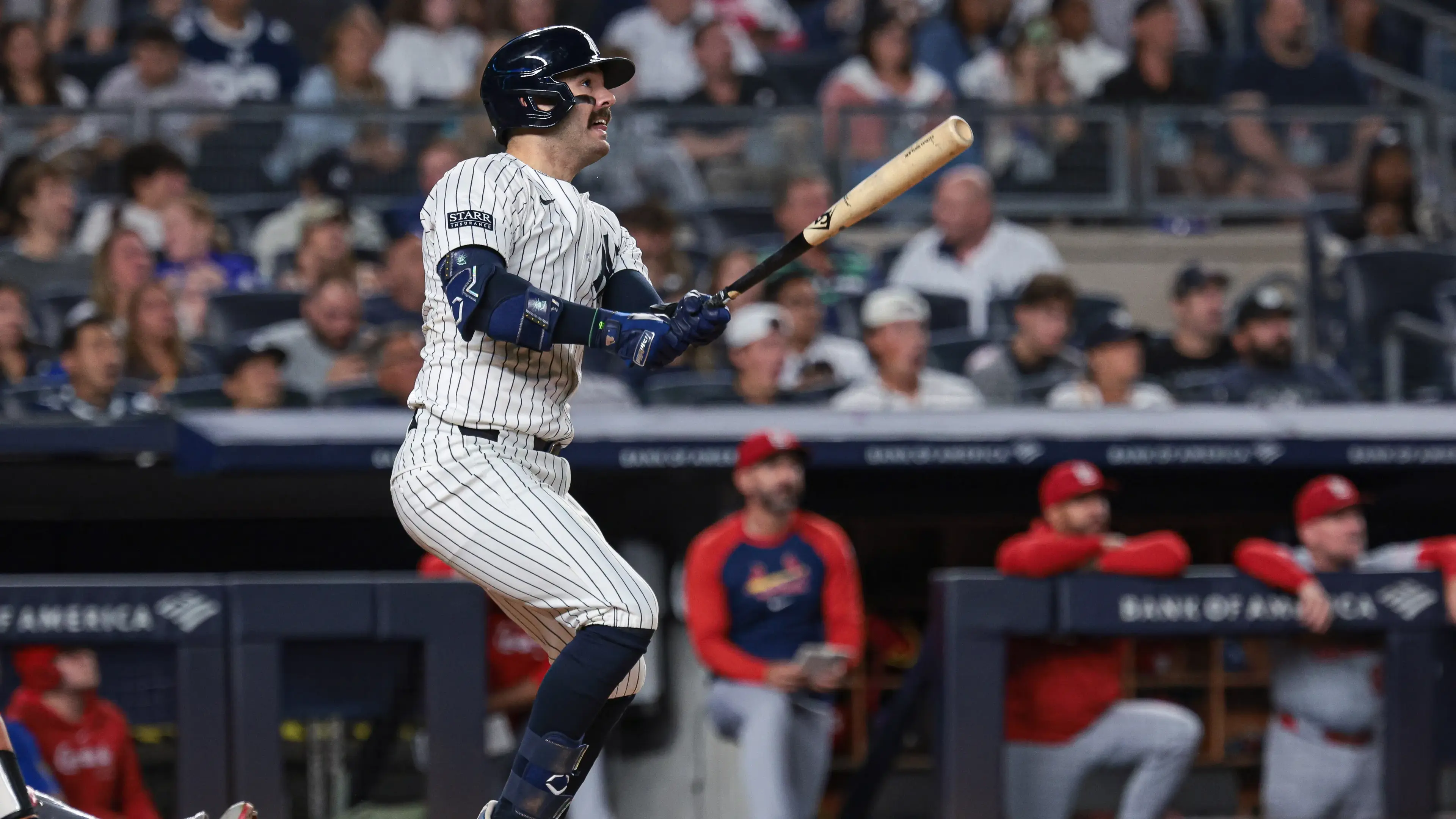 New York Yankees catcher Austin Wells (28) hits a two run home run during the third inning against the St. Louis Cardinals at Yankee Stadium. / Vincent Carchietta-USA TODAY Sports