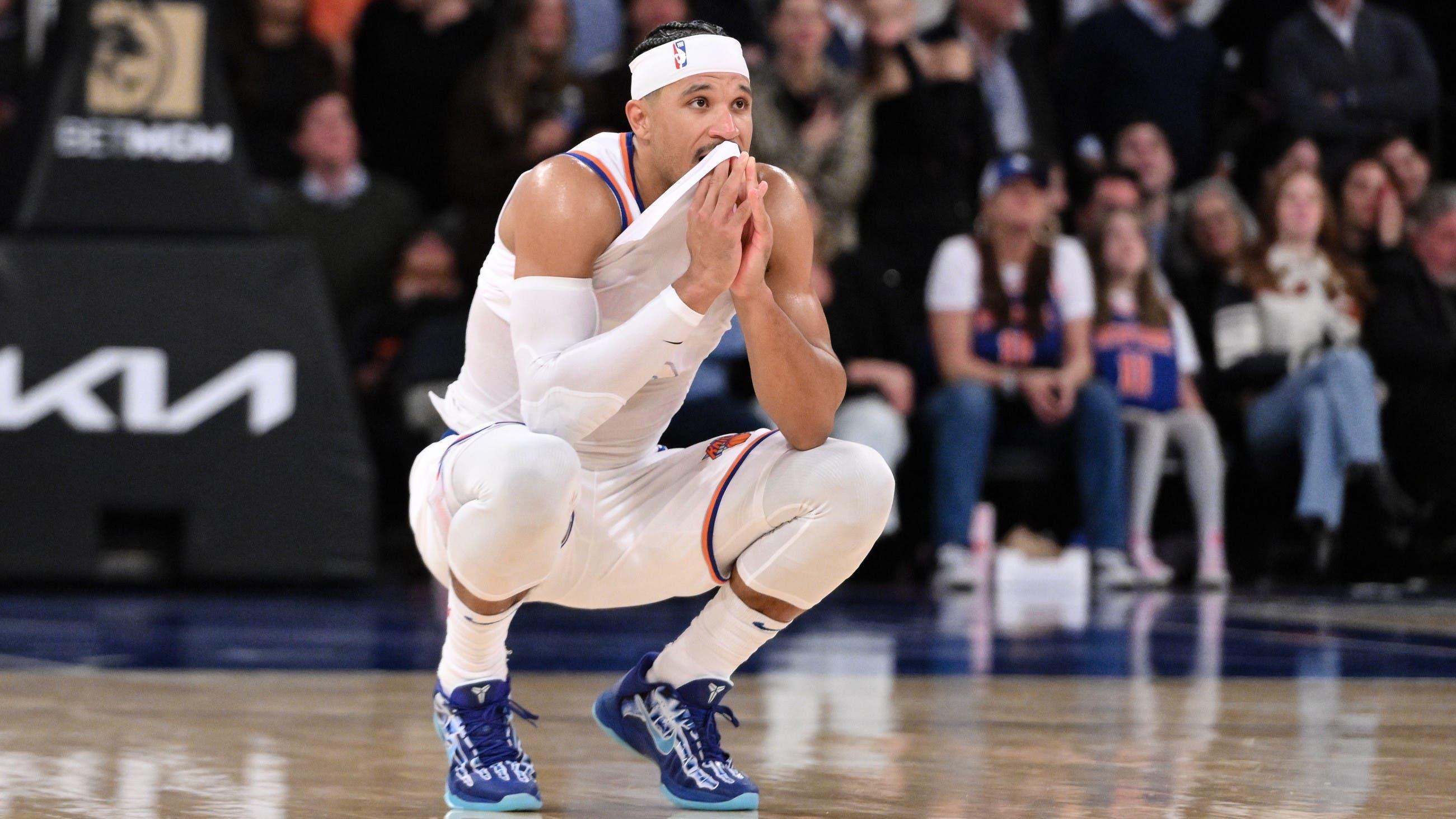 Nov 13, 2024; New York, New York, USA; New York Knicks guard Josh Hart (3) reacts after fouling Chicago Bulls guard Coby White (not pictured) during the second half at Madison Square Garden. 