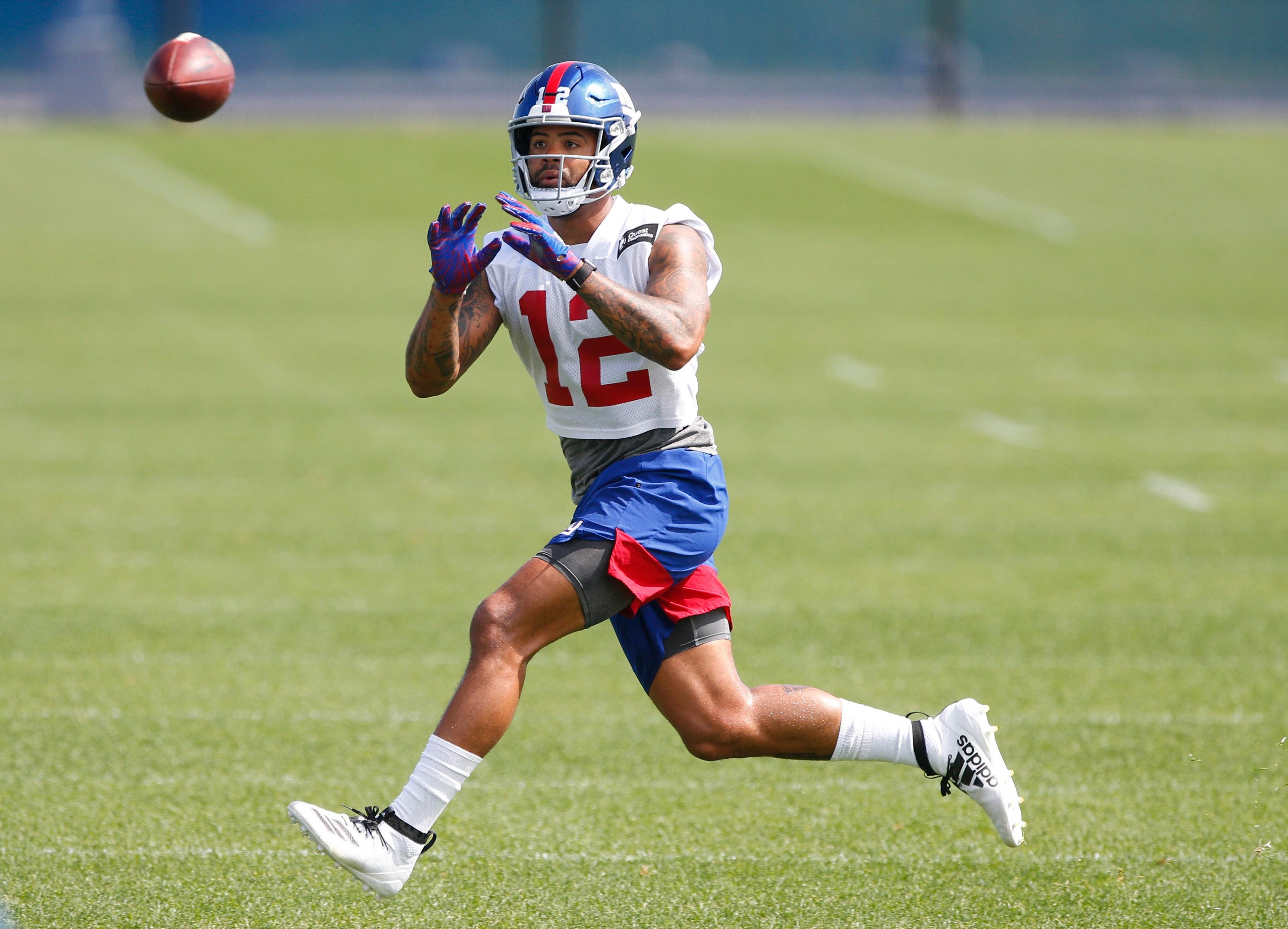 May 20, 2019; East Rutherford, NJ, USA; New York Giants wide receiver Cody Latimer (12) makes a catch during organized team activities at Quest Diagnostic Training Center. Mandatory Credit: Noah K. Murray-USA TODAY Sports / Noah K. Murray