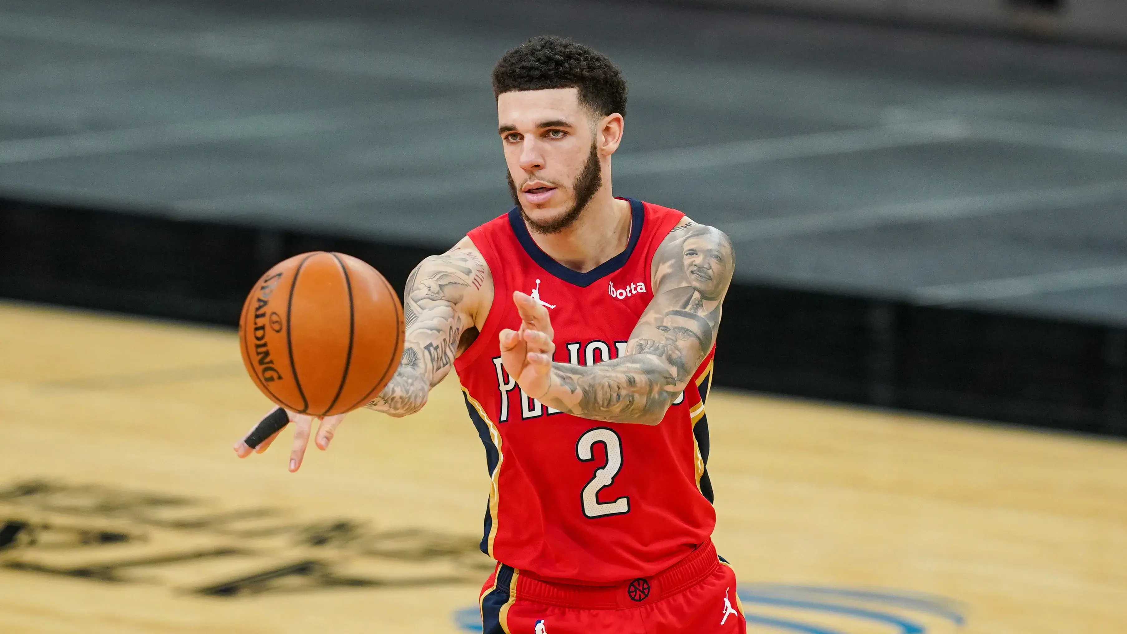 Feb 27, 2021; San Antonio, Texas, USA; New Orleans Pelicans guard Lonzo Ball (2) passes in the second half against the San Antonio Spurs at the AT&T Center. / Daniel Dunn-USA TODAY Sports