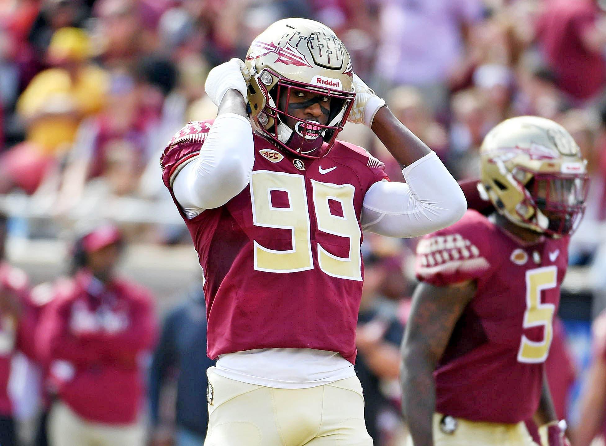 Oct 27, 2018; Tallahassee, FL, USA; Florida State Seminoles defensive end Brian Burns (99) during the first half against the Clemson Tigers at Doak Campbell Stadium. Mandatory Credit: Melina Myers-USA TODAY Sports / Melina Myers