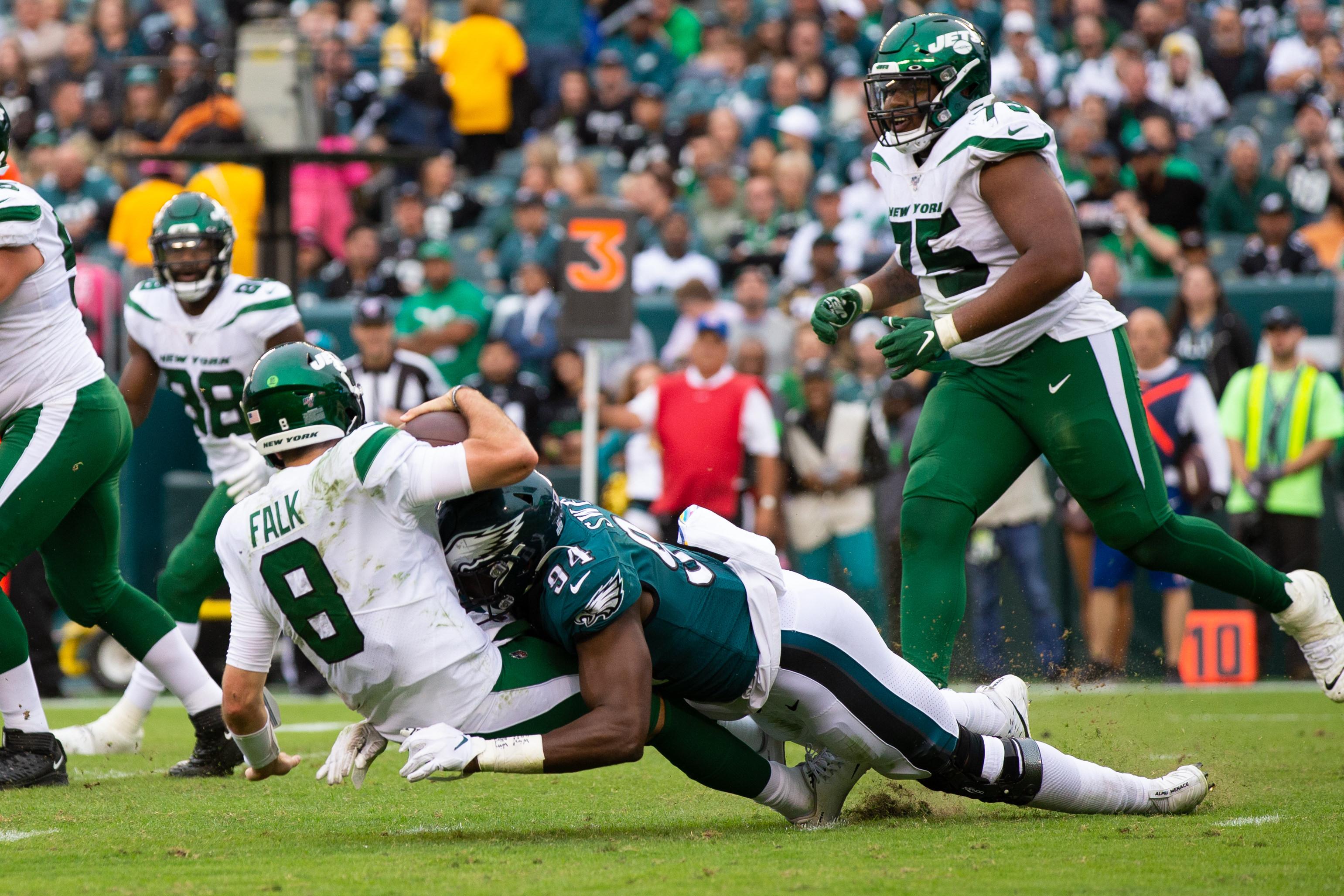 Oct 6, 2019; Philadelphia, PA, USA; Philadelphia Eagles defensive end Josh Sweat (94) sacks New York Jets quarterback Luke Falk (8) during the fourth quarter at Lincoln Financial Field. Mandatory Credit: Bill Streicher-USA TODAY Sports