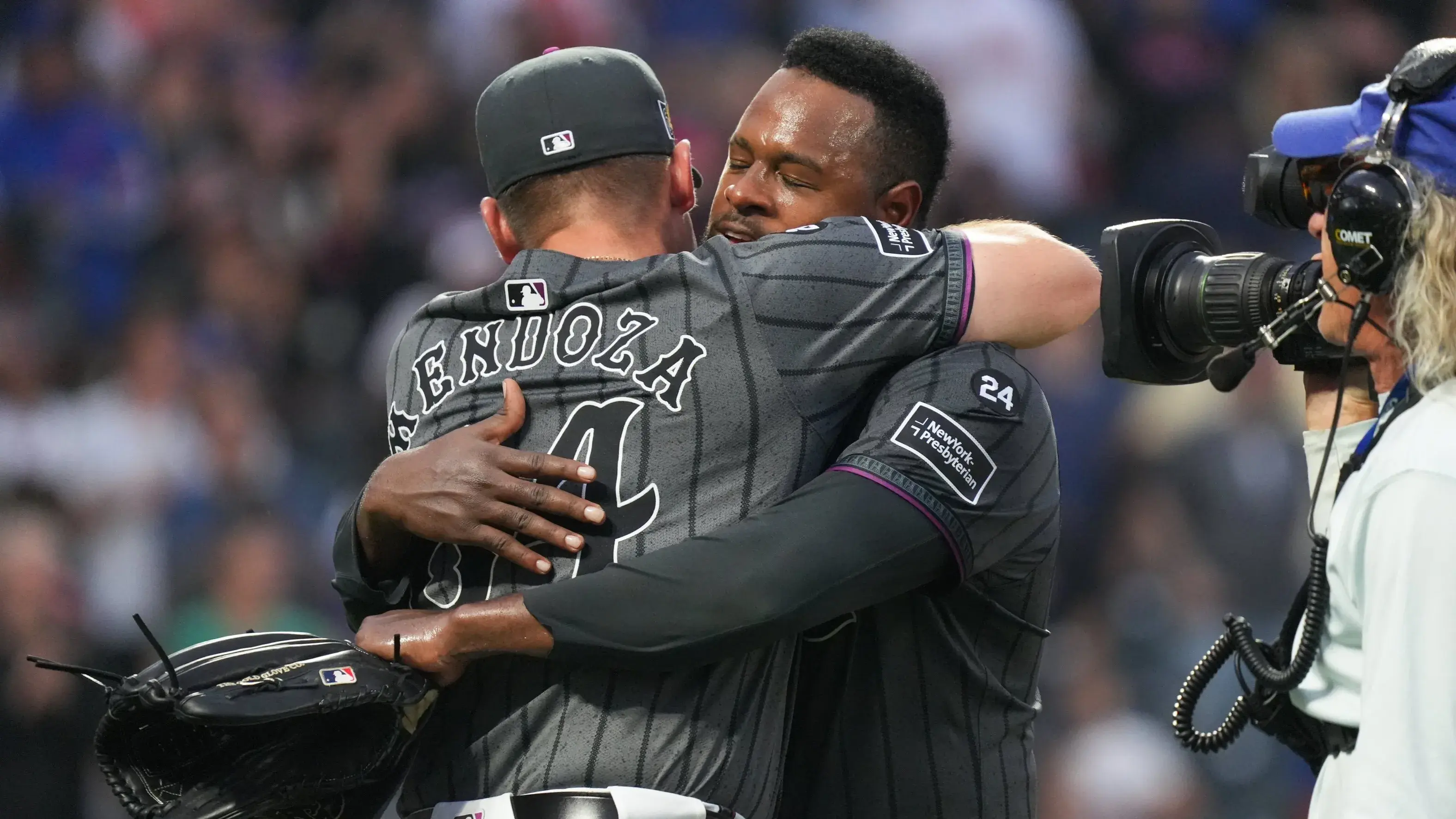 Aug 17, 2024; New York City, New York, USA; New York Mets pitcher Luis Severino (40) celebrates with New York Mets manager Carlos Mendoza after pitching a shutout against the Miami Marlins at Citi Field. / Lucas Boland-USA TODAY Sports