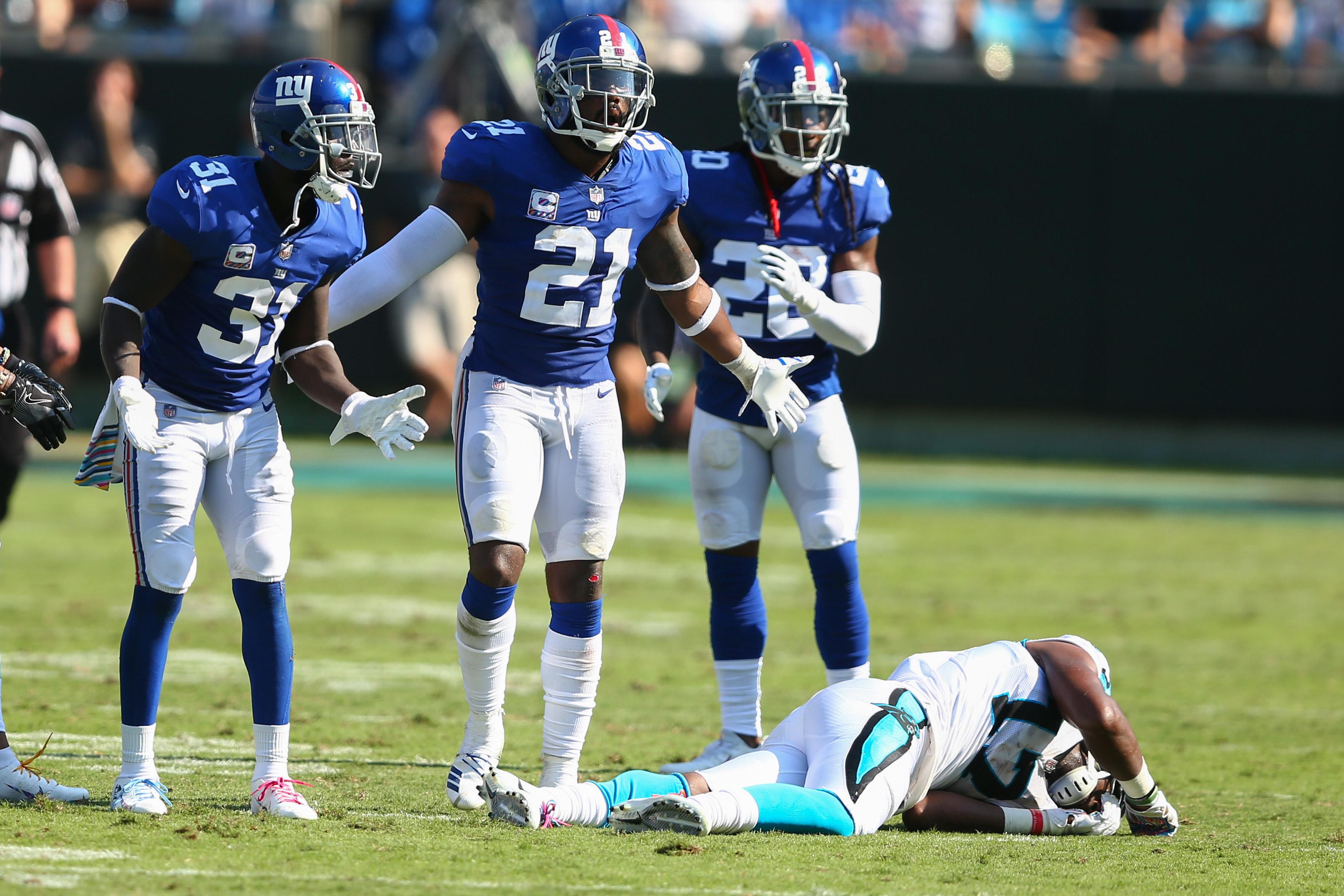 Oct 7, 2018; Charlotte, NC, USA; New York Giants strong safety Landon Collins (21) reacts to a penalty in the third quarter against the Carolina Panthers at Bank of America Stadium. Mandatory Credit: Jeremy Brevard-USA TODAY Sports