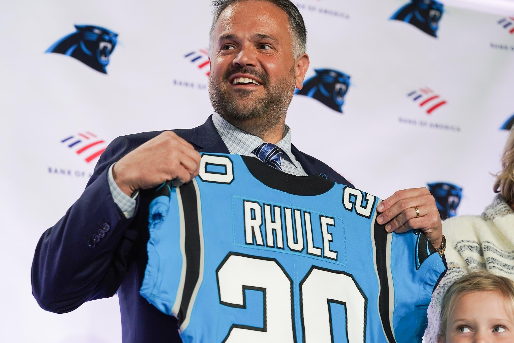 Jan 8, 2020; Charlotte, North Carolina, USA; Carolina Panthers new head coach Matt Ruhle holds up a jersey at Atrium Health Dome. Mandatory Credit: Jim Dedmon-USA TODAY Sports / Jim Dedmon