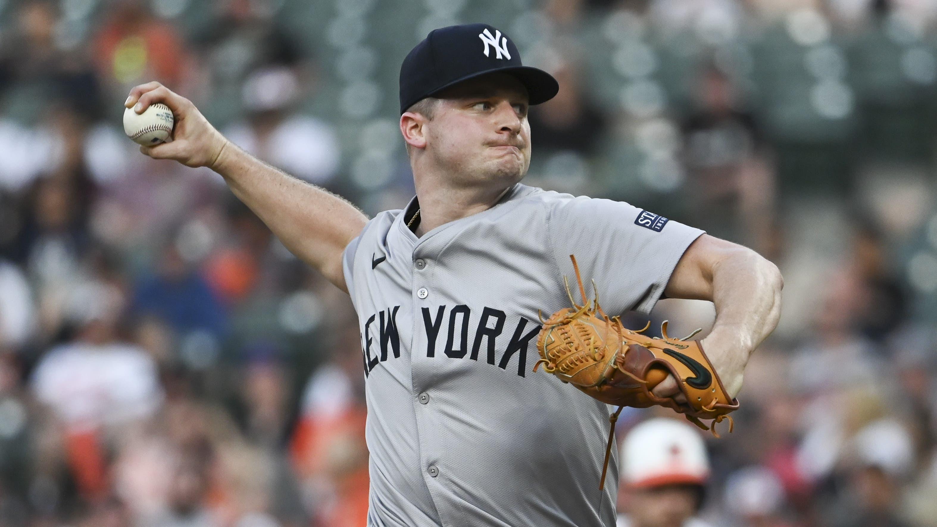 New York Yankees pitcher Clarke Schmidt (36) twos a second inning pitch against the Baltimore Orioles at Oriole Park at Camden Yards / Tommy Gilligan - USA TODAY Sports