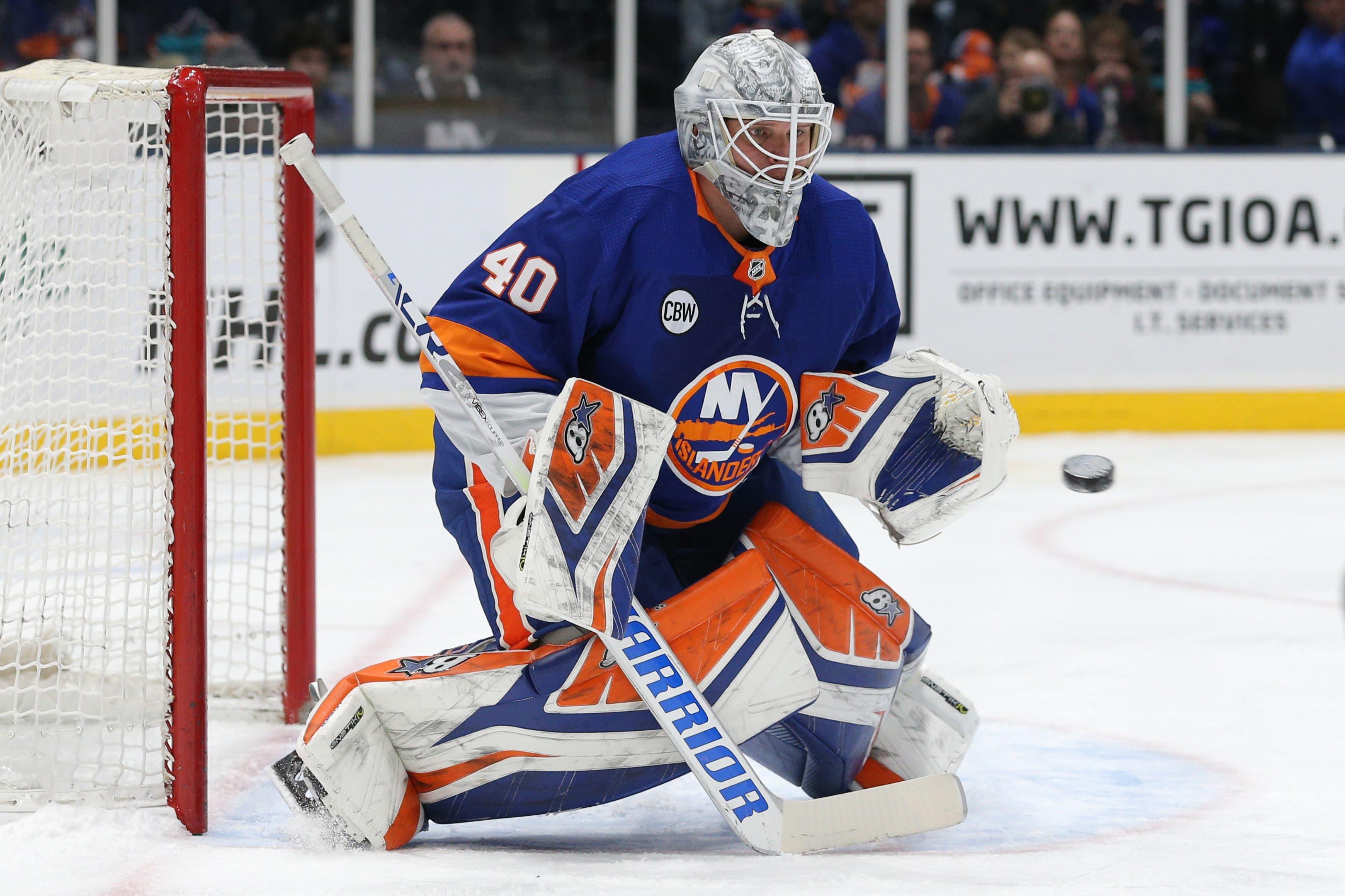 Mar 24, 2019; Uniondale, NY, USA; New York Islanders goalie Robin Lehner (40) makes a save against the Arizona Coyotes during the first period at Nassau Veterans Memorial Coliseum. Mandatory Credit: Brad Penner-USA TODAY Sports / Brad Penner