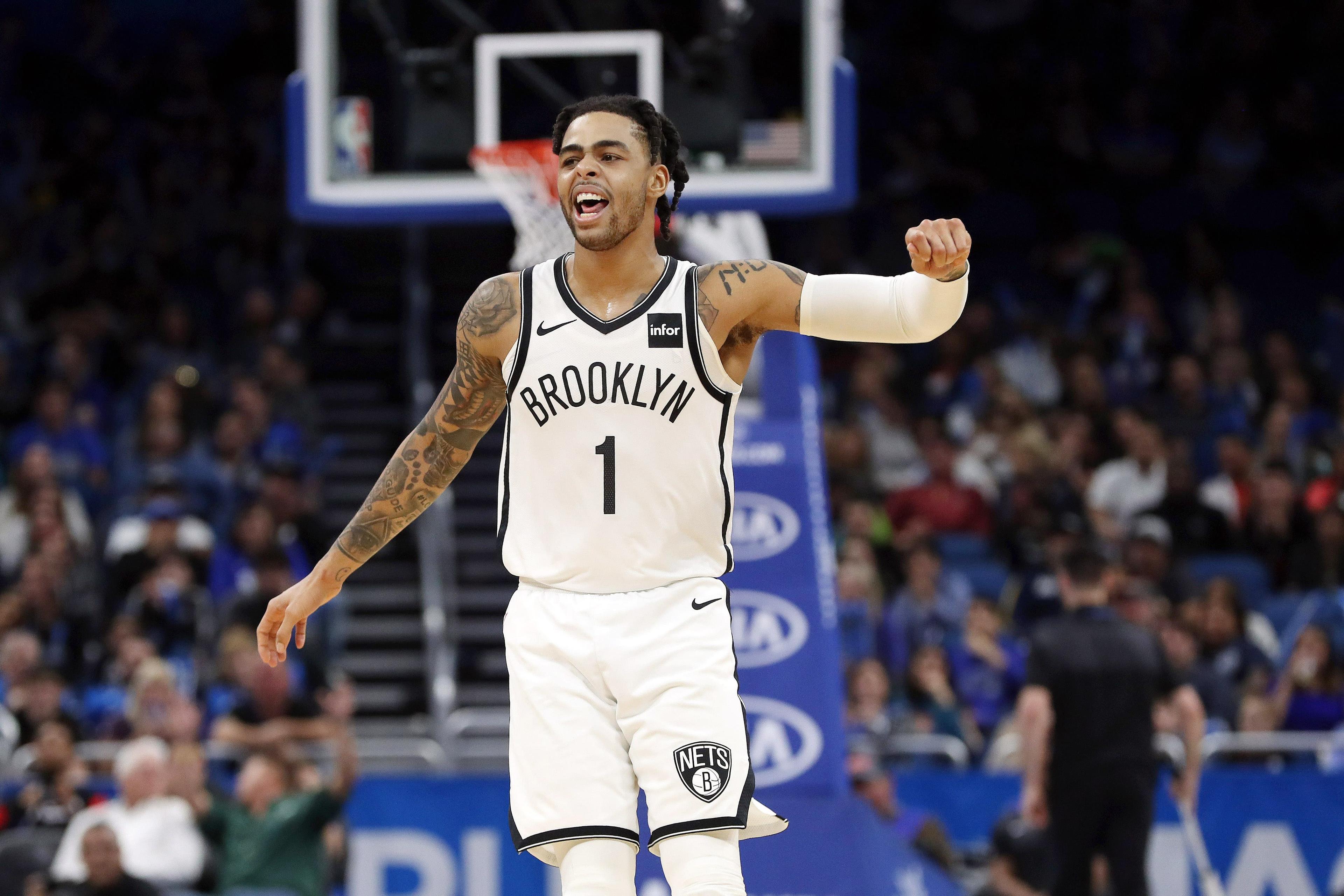 Jan 18, 2019; Orlando, FL, USA; Brooklyn Nets guard D'Angelo Russell (1) celebrates against the Orlando Magic during the second half at Amway Center. Mandatory Credit: Kim Klement-USA TODAY Sports / Kim Klement