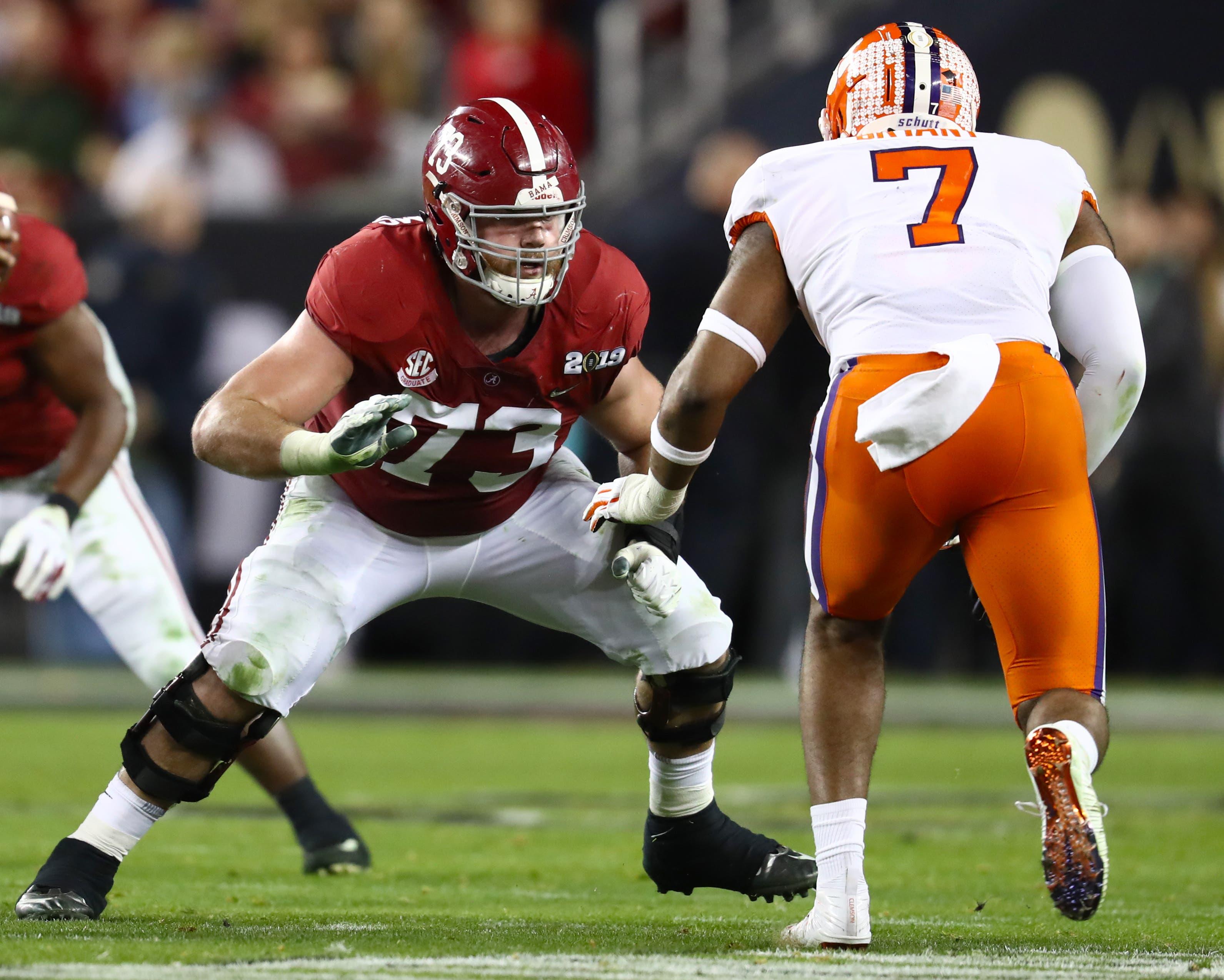 Alabama Crimson Tide tackle Jonah Williams blocks against Clemson Tigers defensive end Austin Bryant during the 2019 College Football Playoff Championship game at Levi's Stadium. / Matthew Emmons/USA TODAY Sports