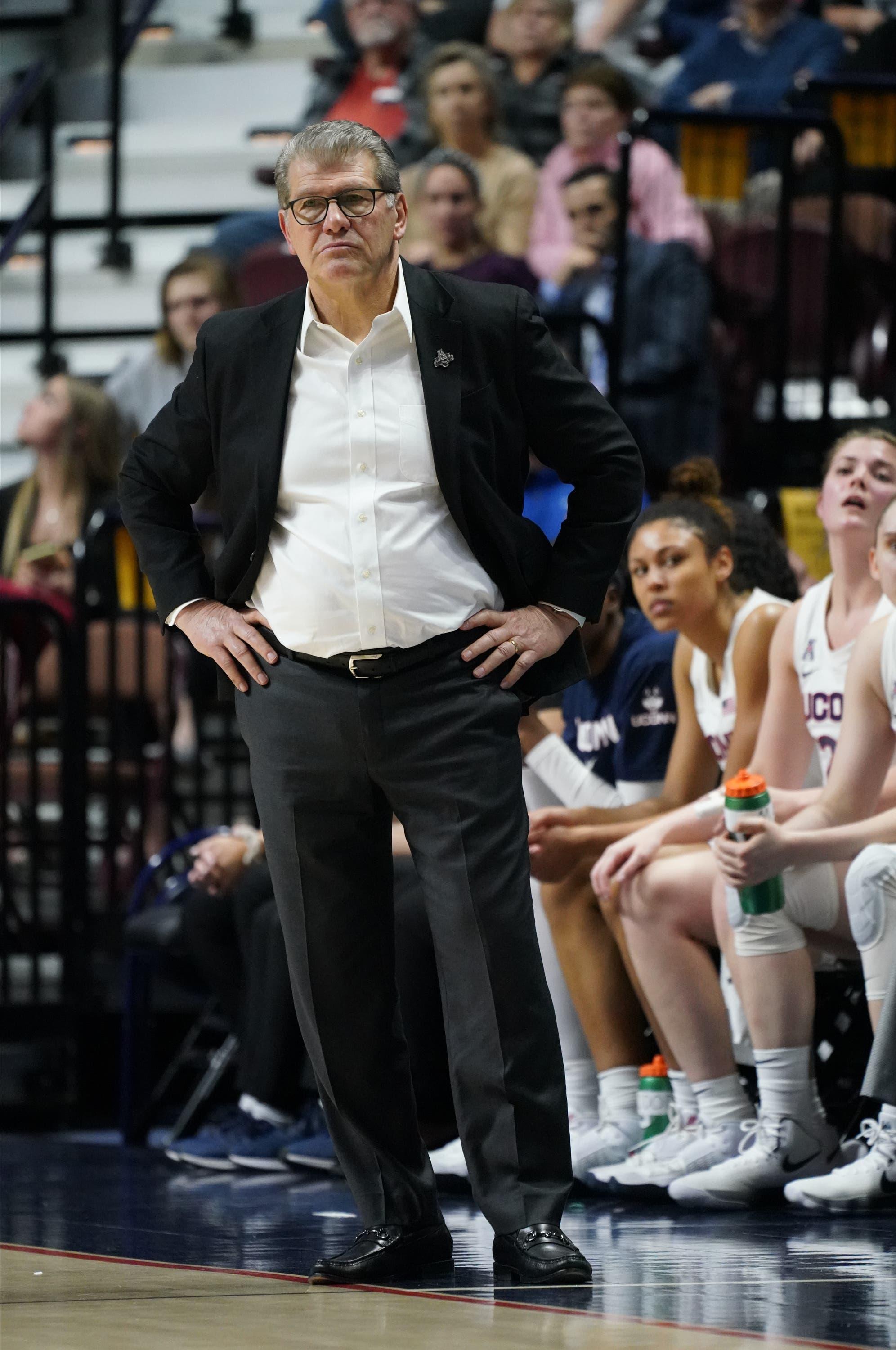 Mar 7, 2020; Uncasville, CT, USA; UConn Huskies head coach Geno Auriemma watches from the sideline as they take on the Temple Owls in the second half of the American Conference Championship Quarterfinals at Mohegan Sun Arena. UConn defeated Temple 94-61. Mandatory Credit: David Butler II-USA TODAY Sportsundefined