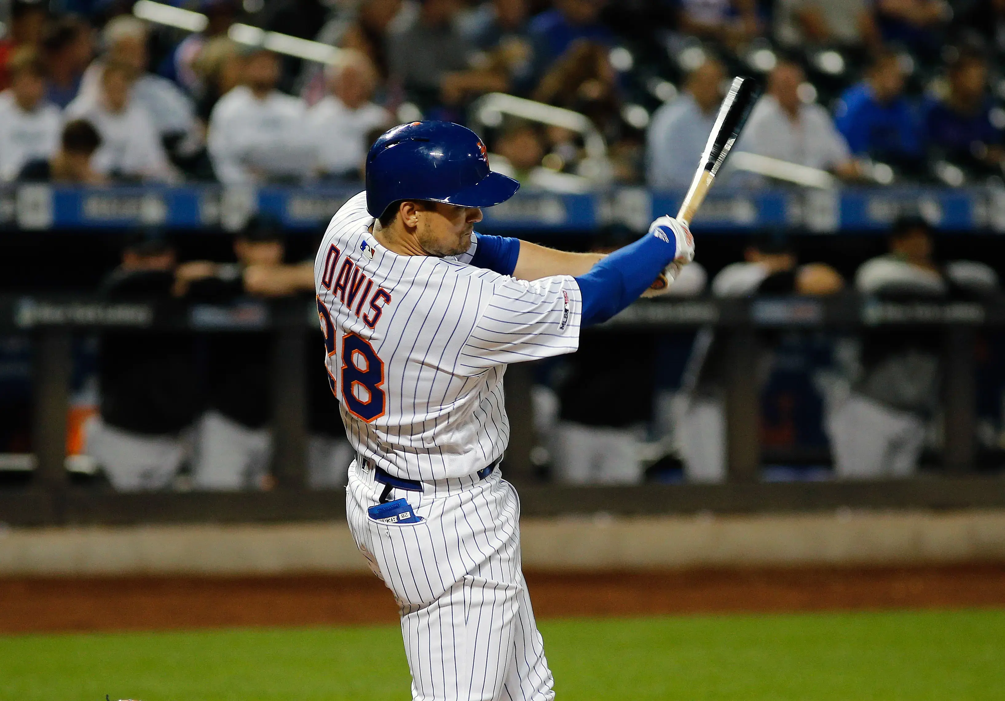 Sep 26, 2019; New York City, NY, USA; New York Mets left fielder J.D. Davis (28) bats against the Miami Marlins at Citi Field. Mandatory Credit: Andy Marlin-USA TODAY Sports / Andy Marlin-USA TODAY Sports