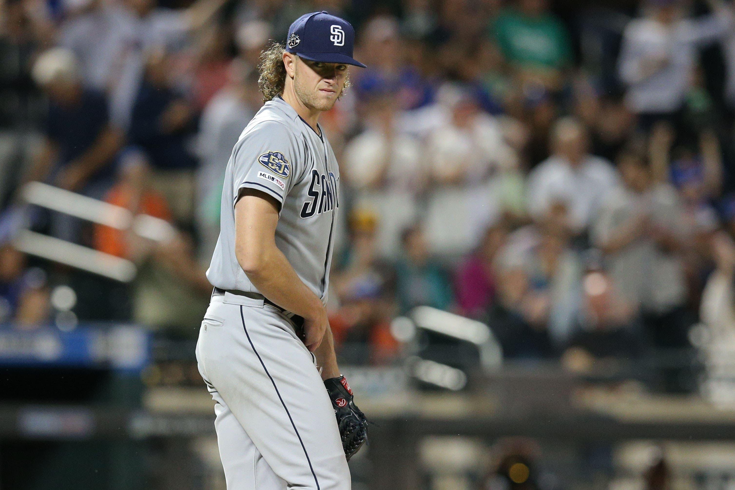 Jul 23, 2019; New York City, NY, USA; San Diego Padres starting pitcher Chris Paddack (59) reacts after giving up a two run home run to New York Mets second baseman Robinson Cano (not pictured) during the sixth inning at Citi Field. Mandatory Credit: Brad Penner-USA TODAY Sports / Brad Penner