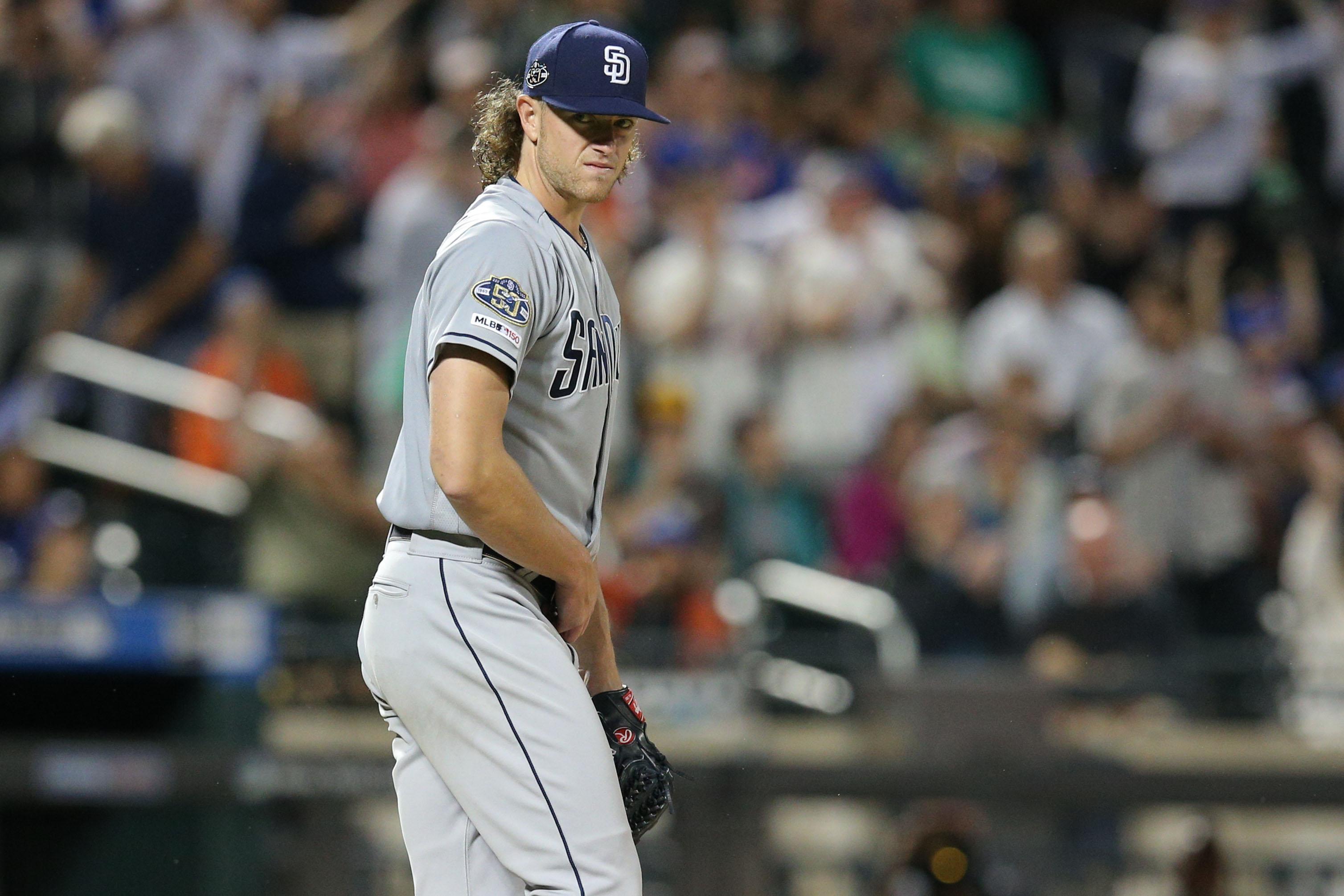 Jul 23, 2019; New York City, NY, USA; San Diego Padres starting pitcher Chris Paddack (59) reacts after giving up a two run home run to New York Mets second baseman Robinson Cano (not pictured) during the sixth inning at Citi Field. Mandatory Credit: Brad Penner-USA TODAY Sports