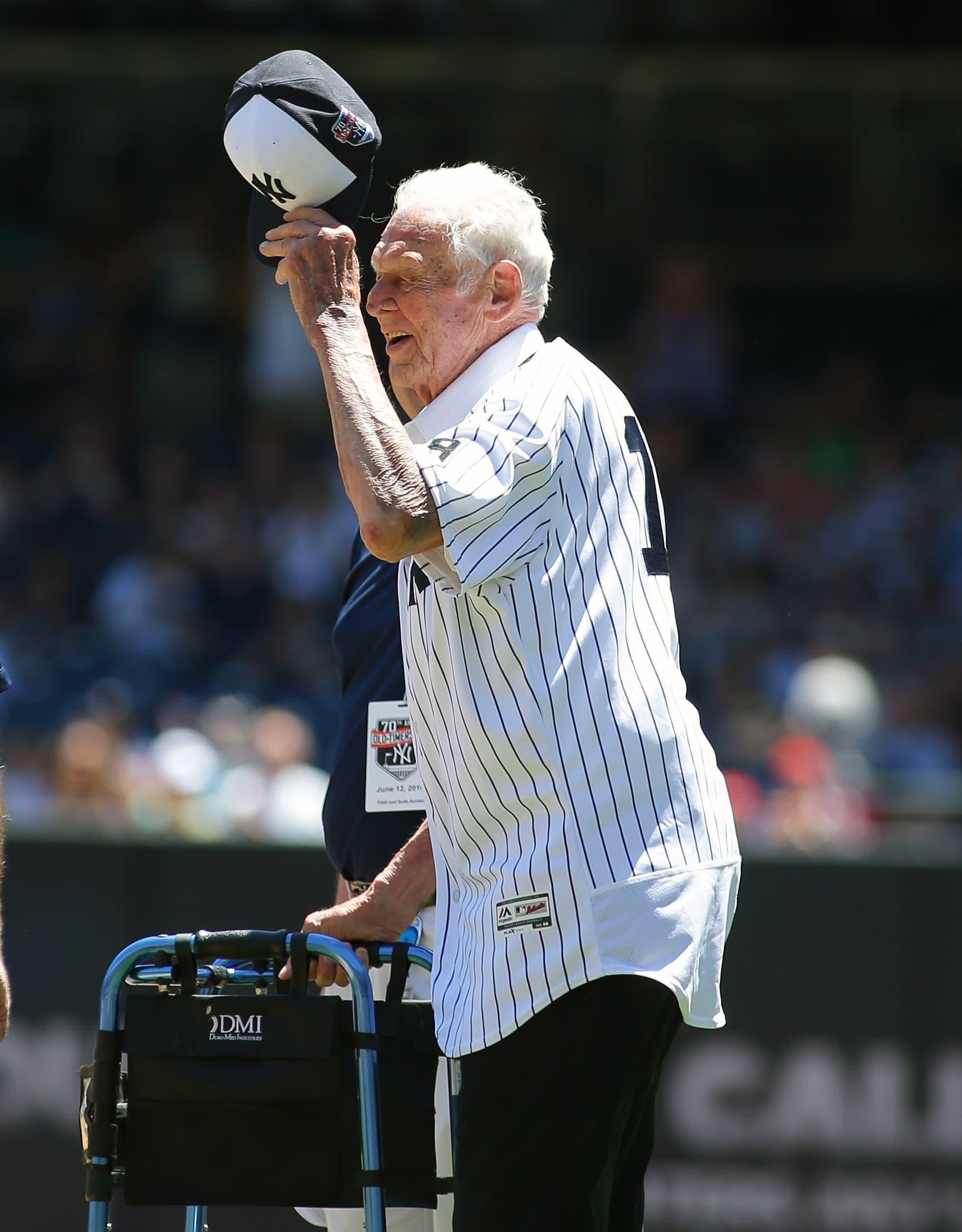 Jun 12, 2016; Bronx, NY, USA; Former New York Yankees pitcher Don Larsen waves to the fans during the Old Timers Day ceremony prior to the game between the Detroit Tigers and New York Yankees at Yankee Stadium. Mandatory Credit: Andy Marlin-USA TODAY Sports / Andy Marlin