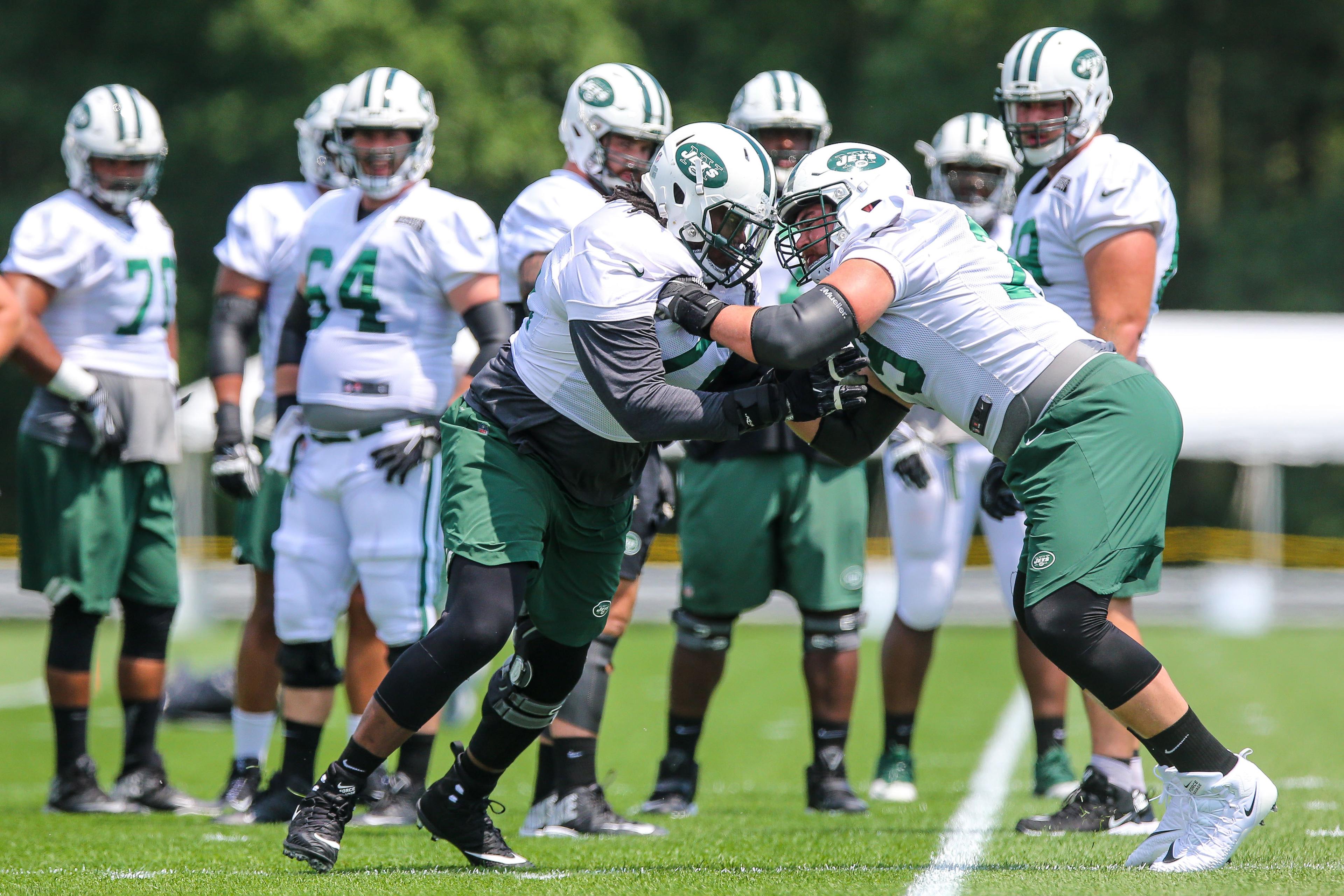 Jul 28, 2018; Florham Park, NJ, USA; New York Jets offensive tackle Brandon Shell (72) participates in drills with New York Jets offensive tackle Brent Qvale (79) during training camp at Atlantic Health Jets Training Center. Mandatory Credit: Vincent Carchietta-USA TODAY Sports