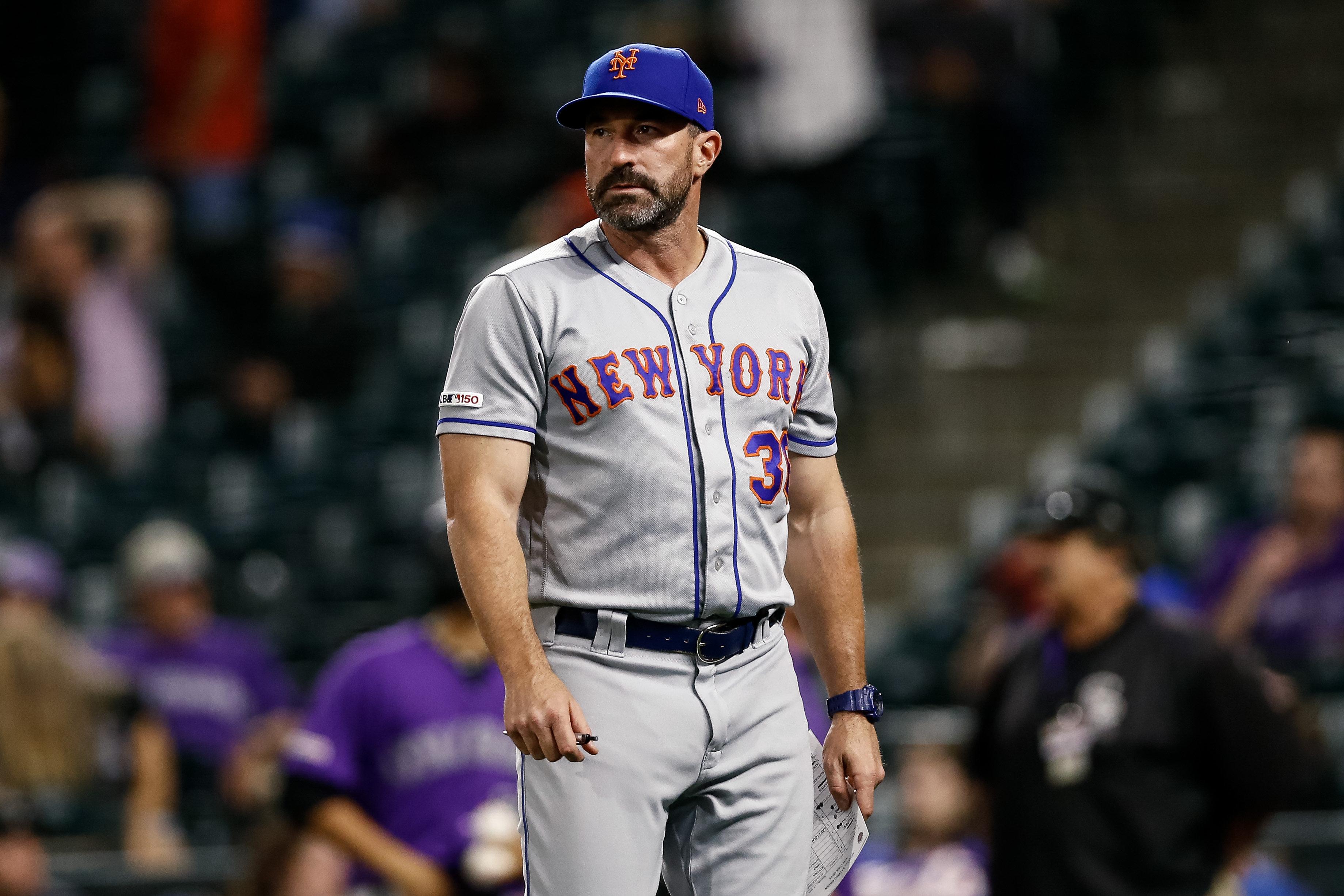 Sep 17, 2019; Denver, CO, USA; New York Mets manager Mickey Callaway (36) in the ninth inning against the Colorado Rockies at Coors Field. Mandatory Credit: Isaiah J. Downing-USA TODAY Sports