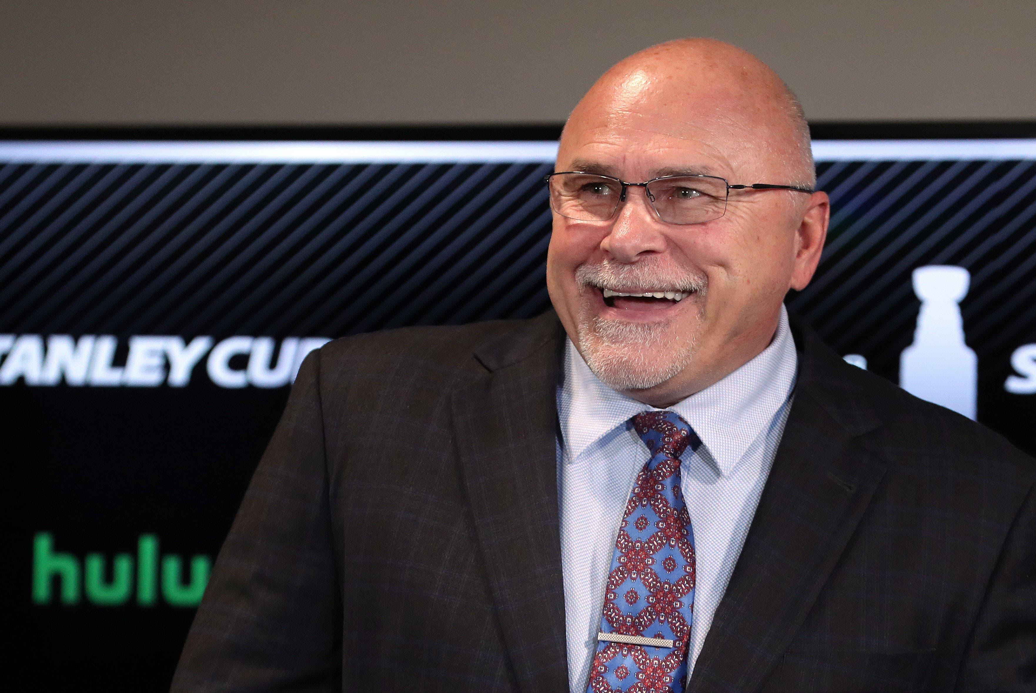 May 23, 2018; Tampa, FL, USA; Washington Capitals head coach Berry Trotz talks with media after game seven of the Eastern Conference Final in the 2018 Stanley Cup Playoffs at Amalie Arena. Mandatory Credit: Kim Klement-USA TODAY Sports / Kim Klement