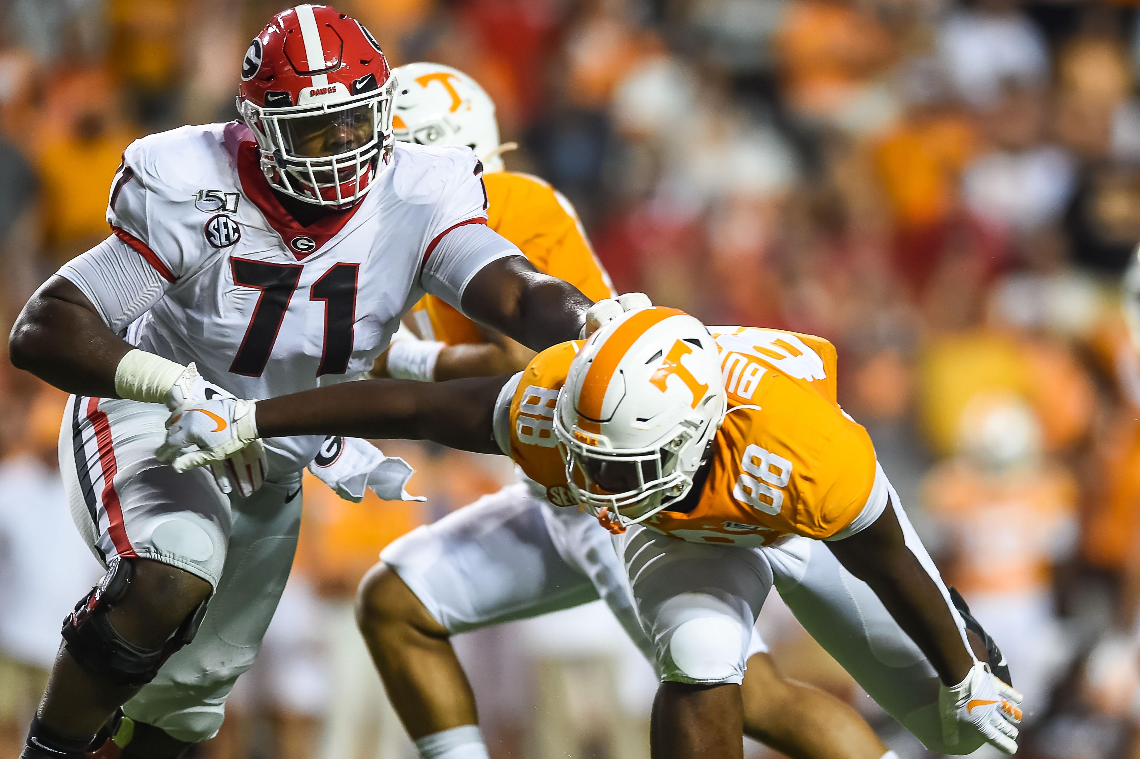 Oct 5, 2019; Knoxville, TN, USA; Georgia Bulldogs offensive lineman Andrew Thomas (71) blocking Tennessee Volunteers defensive lineman LaTrell Bumphus (88) during the first quarter at Neyland Stadium. Mandatory Credit: Bryan Lynn-USA TODAY Sports