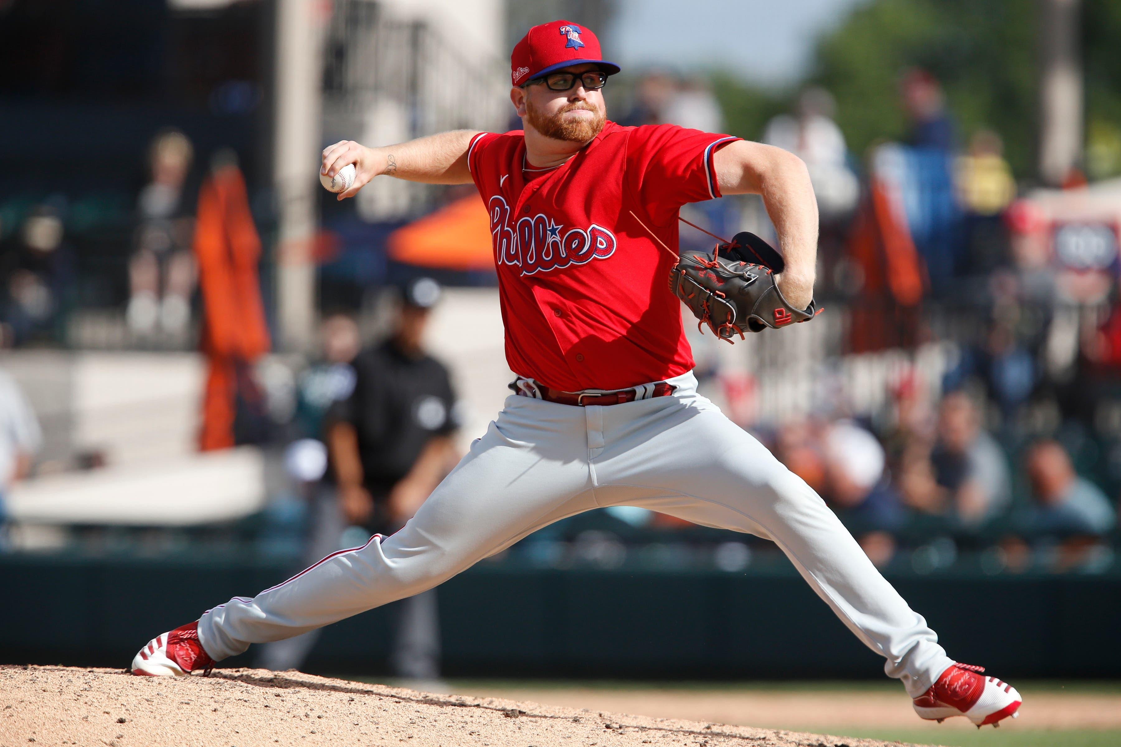 Feb 22, 2020; Lakeland, Florida, USA; Philadelphia Phillies relief pitcher Addison Russ throws a pitch during the seventh inning against the Detroit Tigers at Publix Field at Joker Marchant Stadium. / Reinhold Matay-USA TODAY Sports