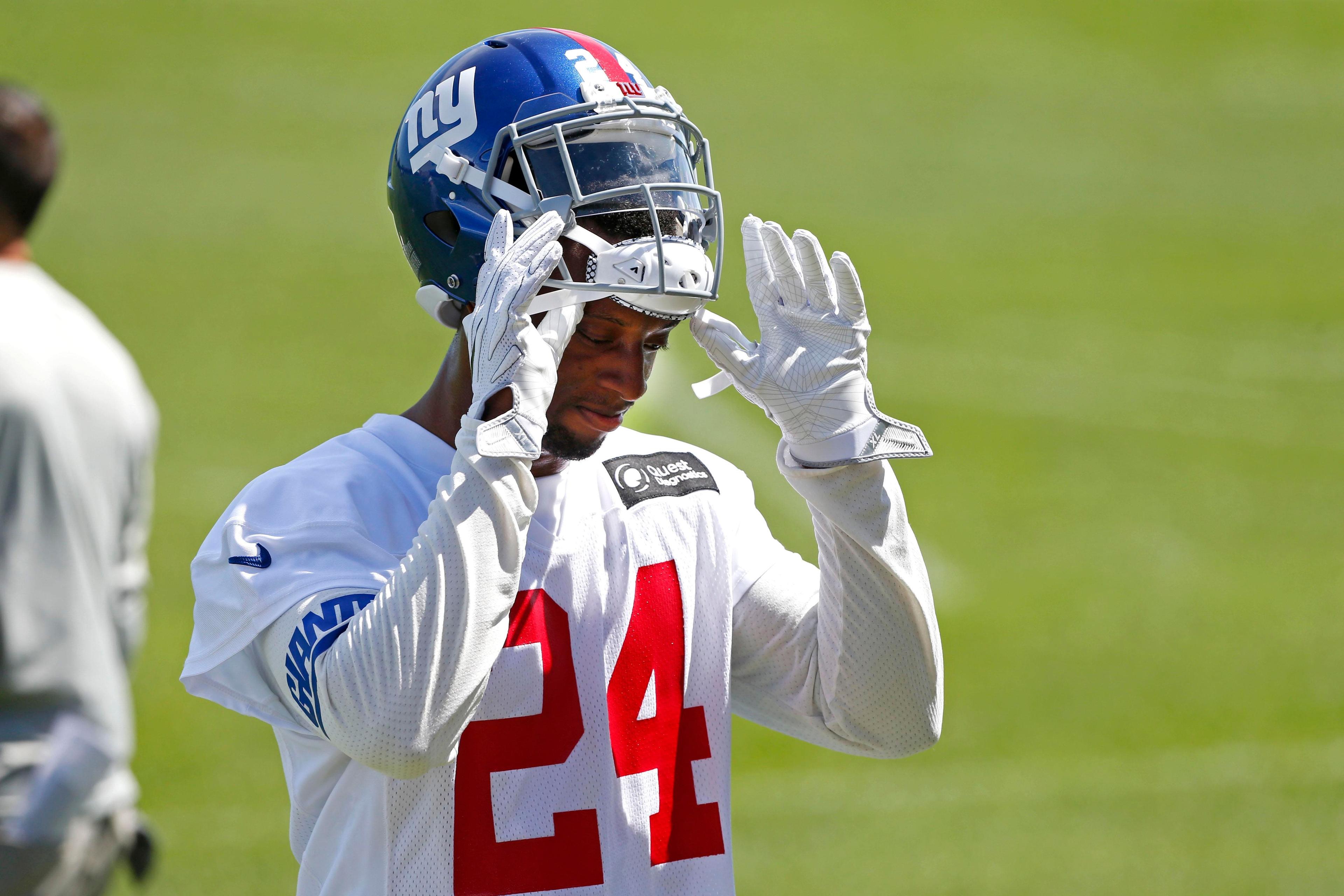 May 21, 2018; East Rutherford, NJ, USA; New York Giants cornerback Eli Apple (24) after practice at Quest Diagnostic Training Center. Mandatory Credit: Noah K. Murray-USA TODAY Sports / Noah K. Murray