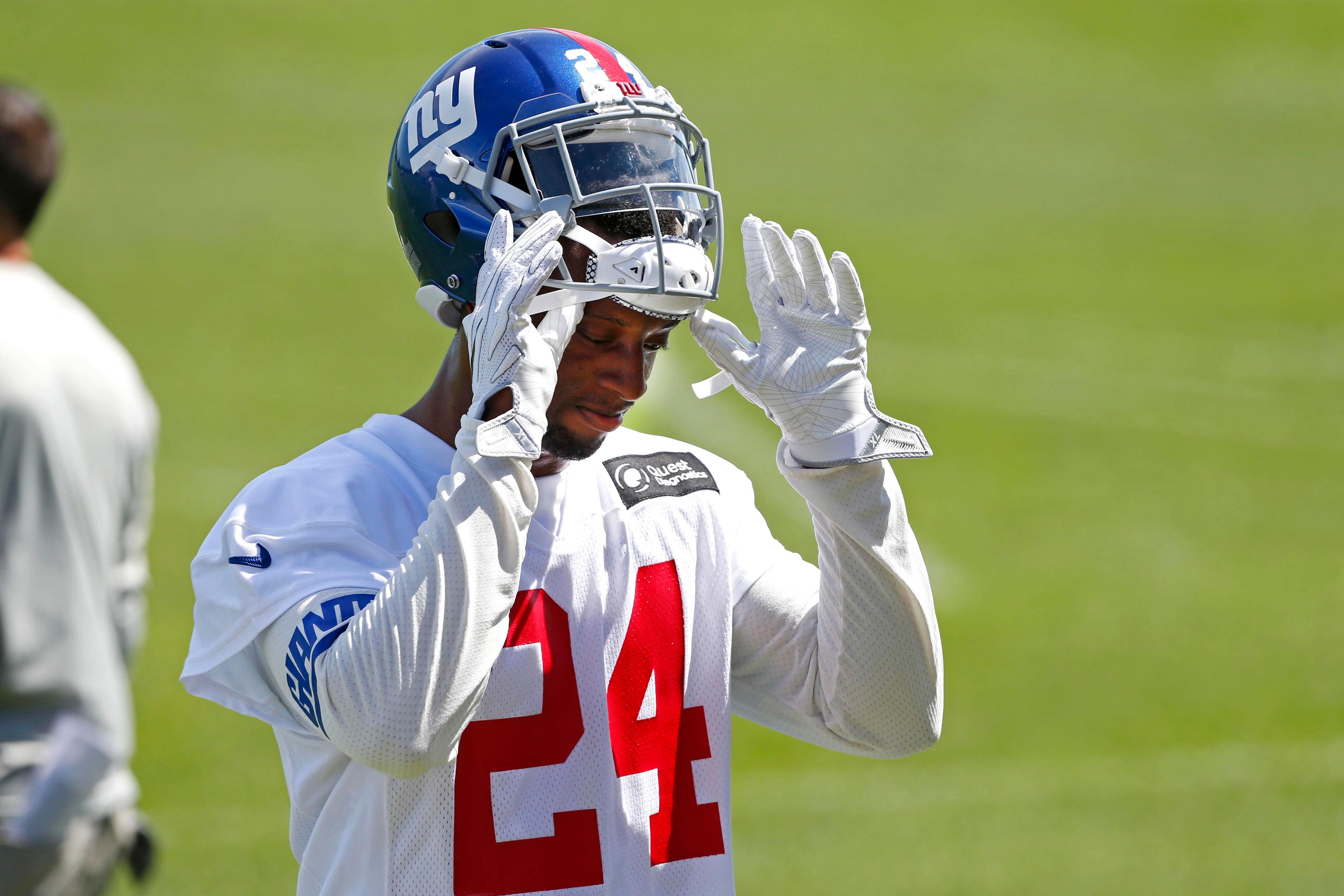 May 21, 2018; East Rutherford, NJ, USA; New York Giants cornerback Eli Apple (24) after practice at Quest Diagnostic Training Center. Mandatory Credit: Noah K. Murray-USA TODAY Sports