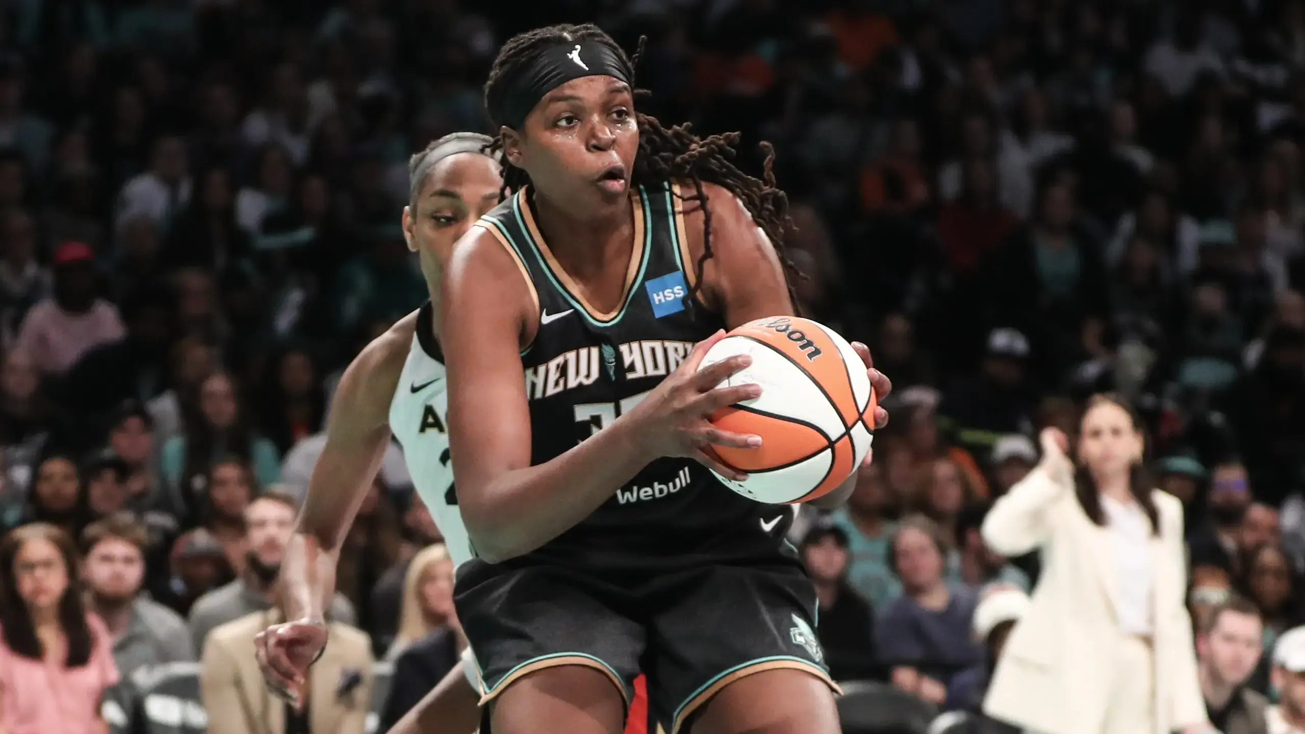 New York Liberty forward Jonquel Jones (35) grabs a rebound against the Las Vegas Aces in the second quarter during game three of the 2023 WNBA Finals at Barclays Center / © Wendell Cruz-USA TODAY Sports