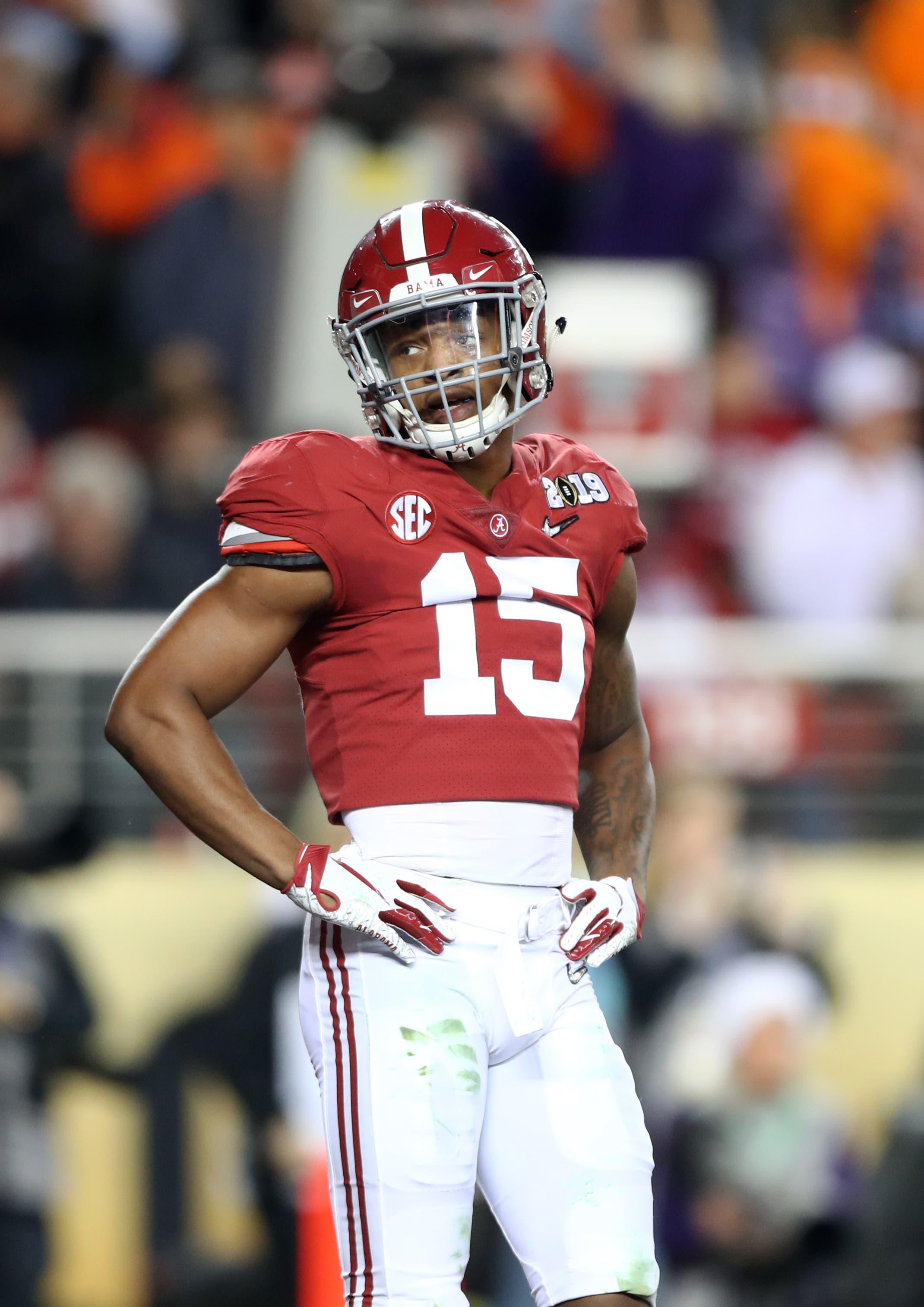 Jan 7, 2019; Santa Clara, CA, USA; Alabama Crimson Tide defensive back Xavier McKinney (15) against the Clemson Tigers in the 2019 College Football Playoff Championship game at Levi's Stadium. / Mark J. Rebilas/USA TODAY Sports