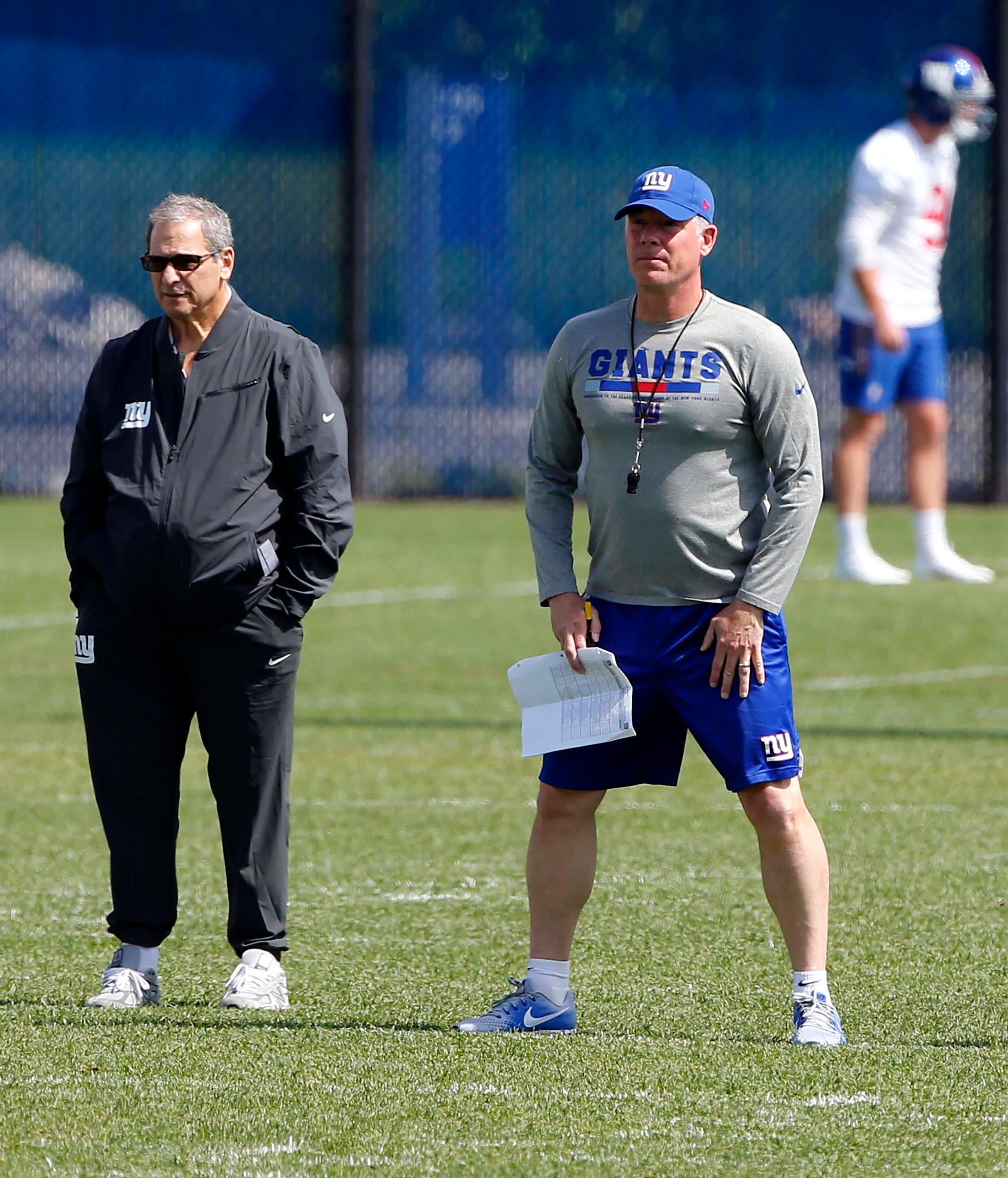 May 21, 2018; East Rutherford, NJ, USA; New York Giants general Manager Dave Gettleman and New York Giants head coach Pat Shurmur during OTA practice at Quest Diagnostic Training Center. Mandatory Credit: Noah K. Murray-USA TODAY Sports / Noah K. Murray