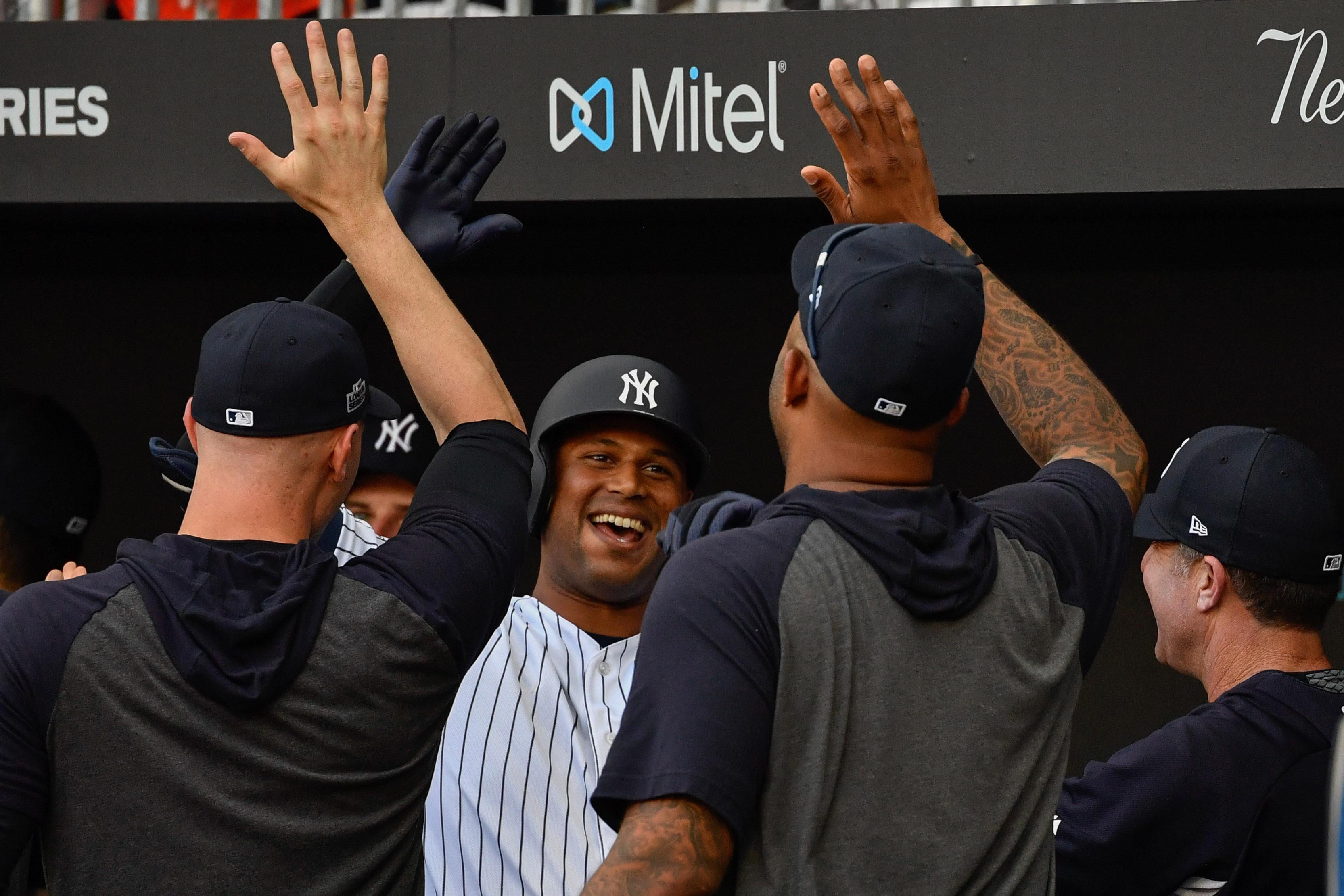 Jun 29, 2019; London, ENG; New York Yankees center fielder Aaron Hicks (31) celebrates a run during the first inning against the Boston Red Sox at London Stadium. Mandatory Credit: Steve Flynn-USA TODAY Sports