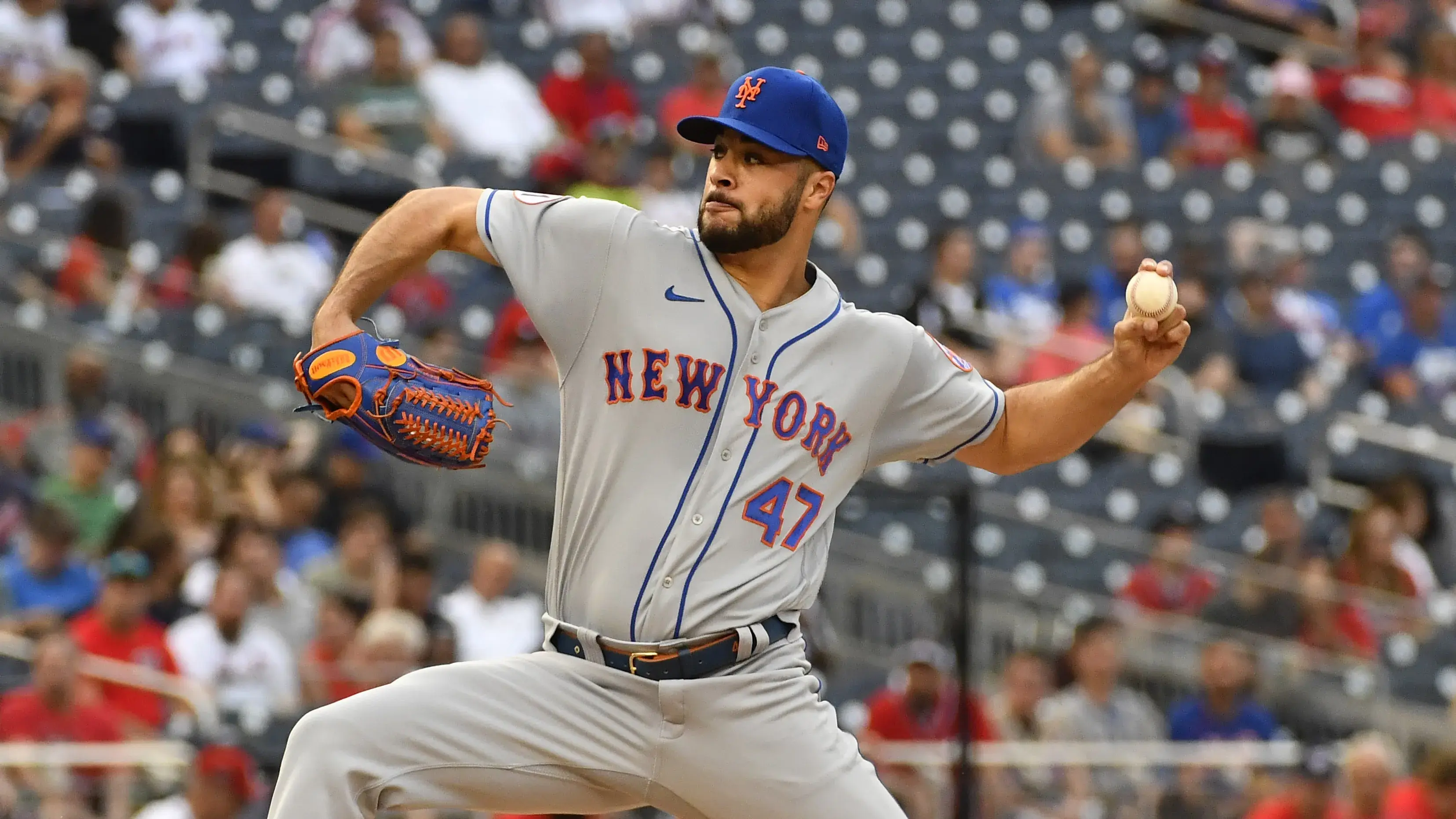 Jun 18, 2021; Washington, District of Columbia, USA; New York Mets starting pitcher Joey Lucchesi (47) throws to the Washington Nationals during the first inning at Nationals Park. Mandatory Credit: Brad Mills-USA TODAY Sports / © Brad Mills-USA TODAY Sports