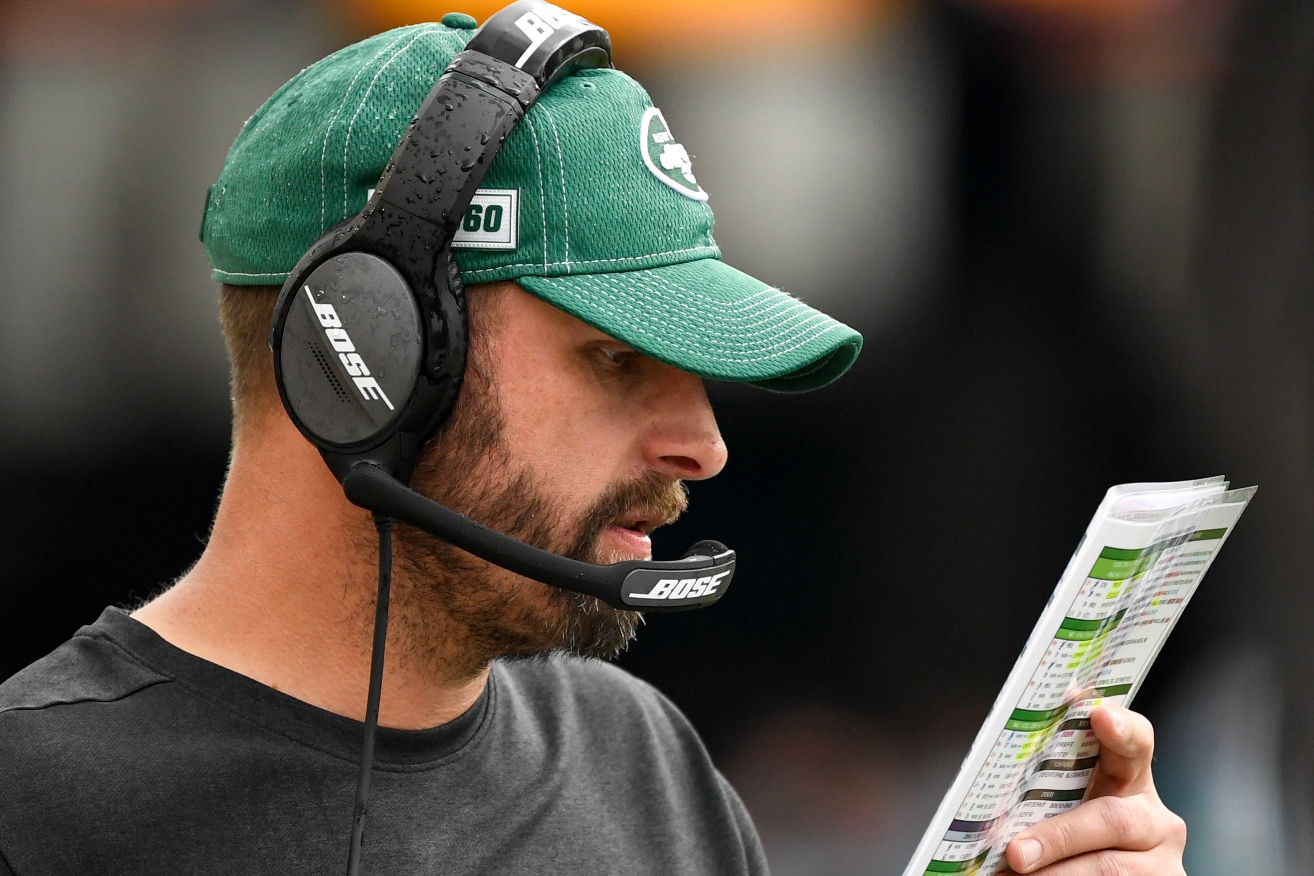 Oct 27, 2019; Jacksonville, FL, USA; New York Jets head coach Adam Gase (green hat) looks on during the second quarter against the Jacksonville Jaguars at TIAA Bank Field. Mandatory Credit: Douglas DeFelice-USA TODAY Sports / Douglas DeFelice