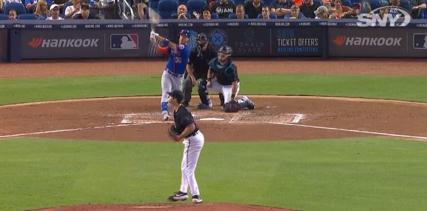 Jun 5, 2019; New York City, NY, USA; New York Mets right fielder Michael Conforto (30) follows through on a home run against the San Francisco Giants in the fourth inning at Citi Field. Mandatory Credit: Noah K. Murray-USA TODAY Sports / Noah K. Murray