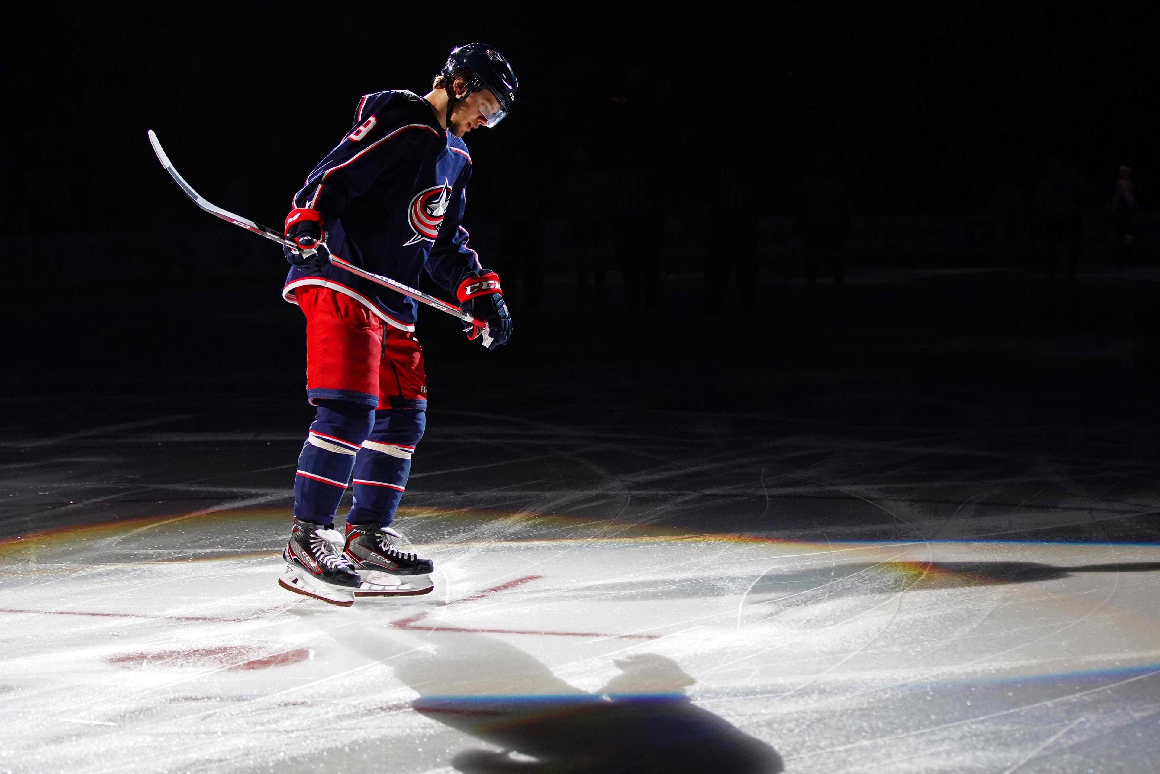 Apr 19, 2018; Columbus, OH, USA; Columbus Blue Jackets left wing Artemi Panarin (9) skates during player introductions prior to the game against the Washington Capitals in game four of the first round of the 2018 Stanley Cup Playoffs at Nationwide Arena. Mandatory Credit: Aaron Doster-USA TODAY Sports / Aaron Doster