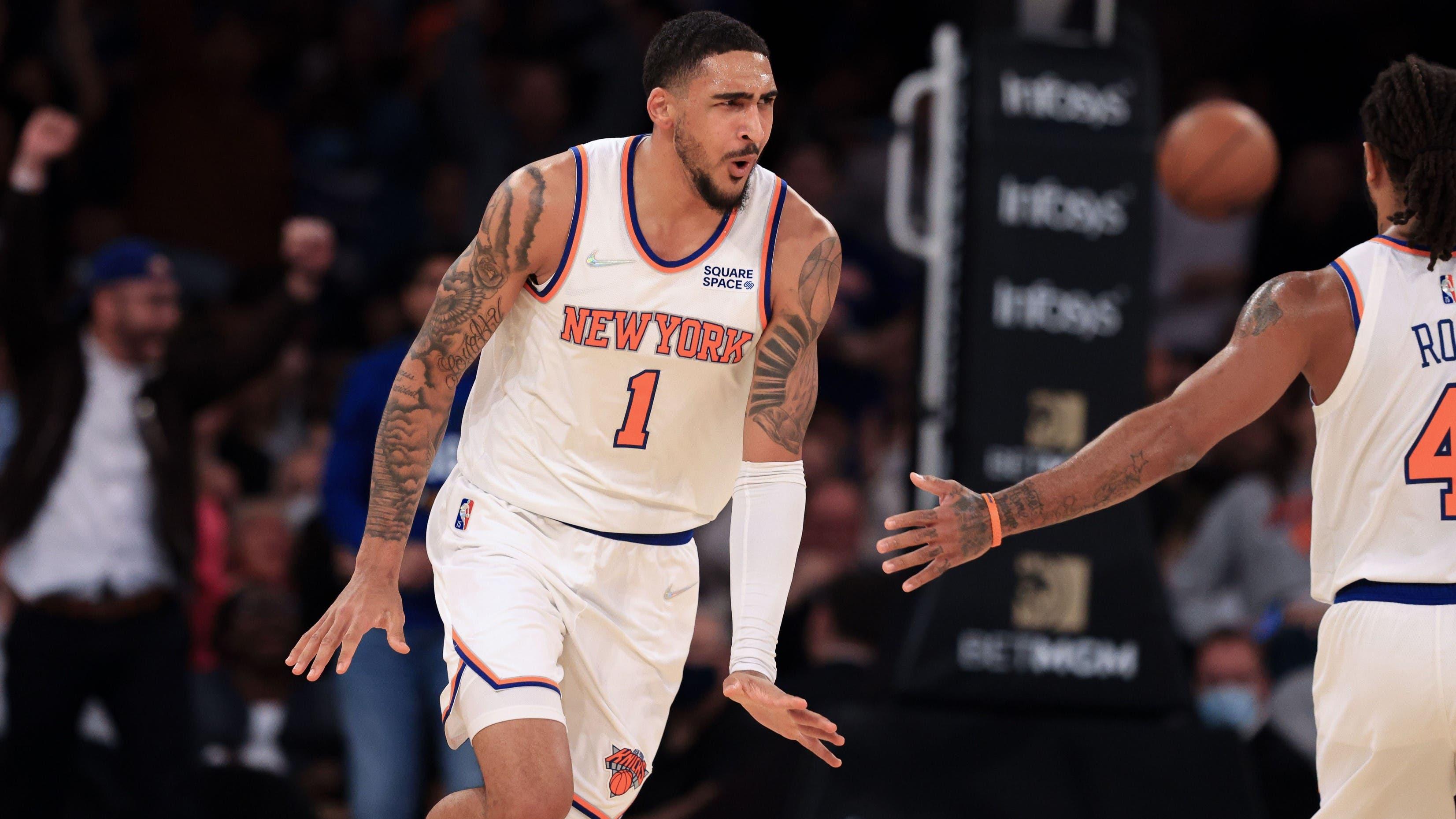 Nov 15, 2021; New York, New York, USA; New York Knicks forward Obi Toppin (1) reacts after a dunk against the Indiana Pacers during the first half at Madison Square Garden. / Vincent Carchietta-USA TODAY Sports