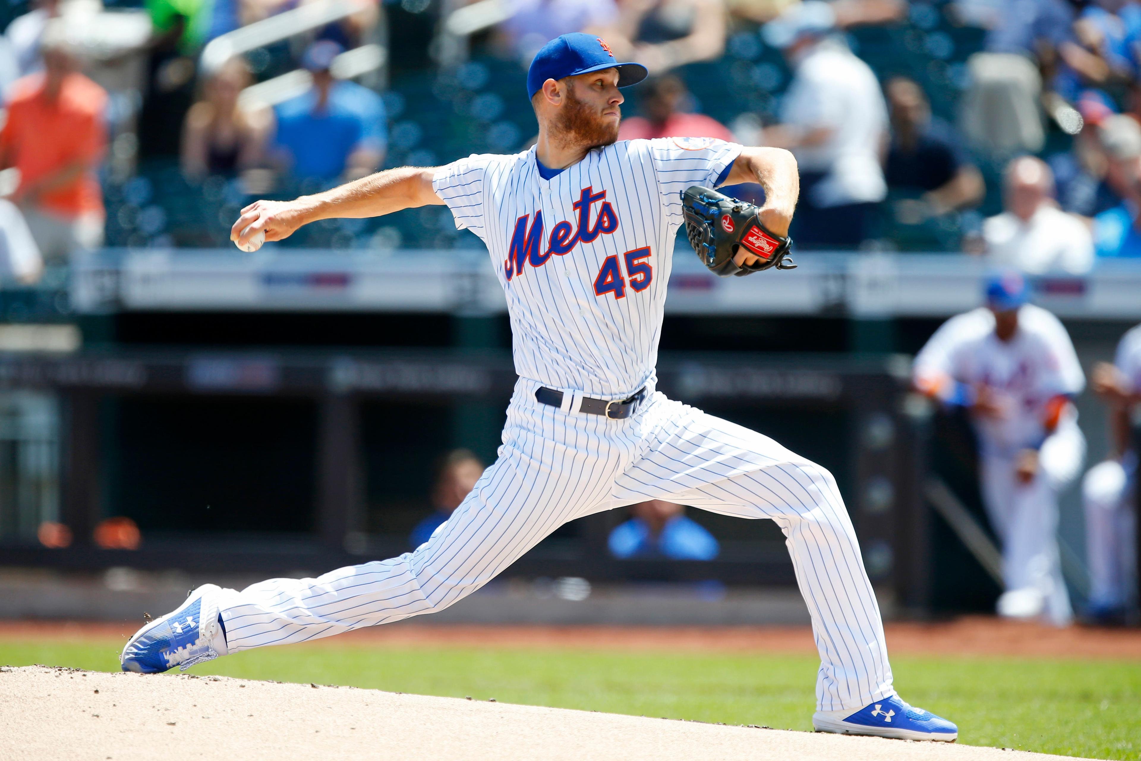 Jun 6, 2019; New York City, NY, USA; New York Mets starting pitcher Zack Wheeler (45) pitches against the San Francisco Giants in the first inning at Citi Field. Mandatory Credit: Noah K. Murray-USA TODAY Sports / Noah K. Murray