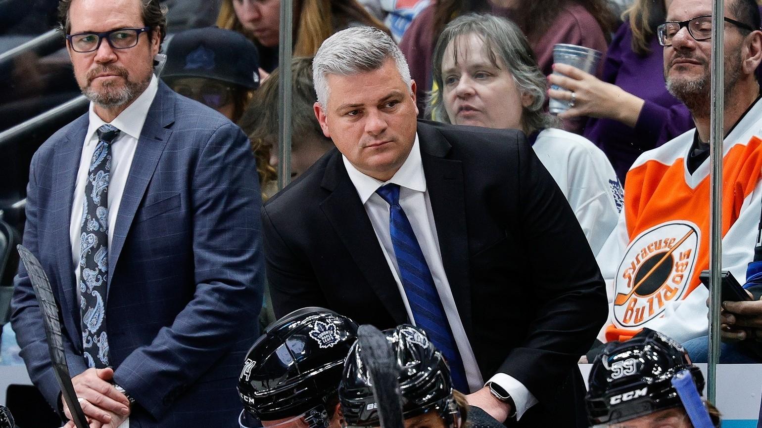 Then-Toronto Maple Leafs head coach Sheldon Keefe looks on in the first period against the Colorado Avalanche at Ball Arena. / Isaiah J. Downing-USA TODAY Sports