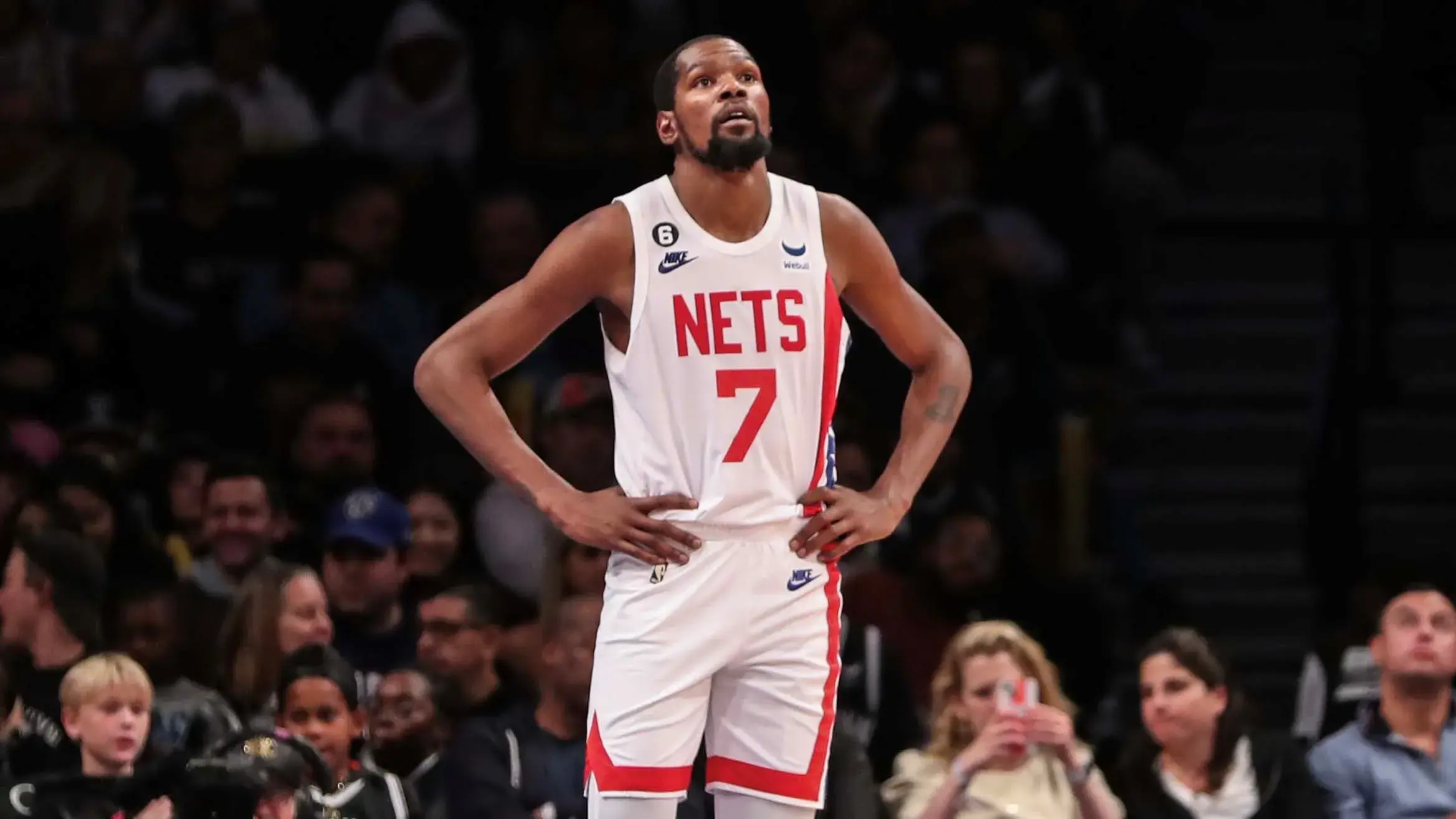 Oct 29, 2022; Brooklyn, New York, USA; Brooklyn Nets forward Kevin Durant (7) looks up at the scoreboard in the fourth quarter against the Indiana Pacers at Barclays Center. Mandatory Credit: Wendell Cruz-USA TODAY Sports / © Wendell Cruz-USA TODAY Sports