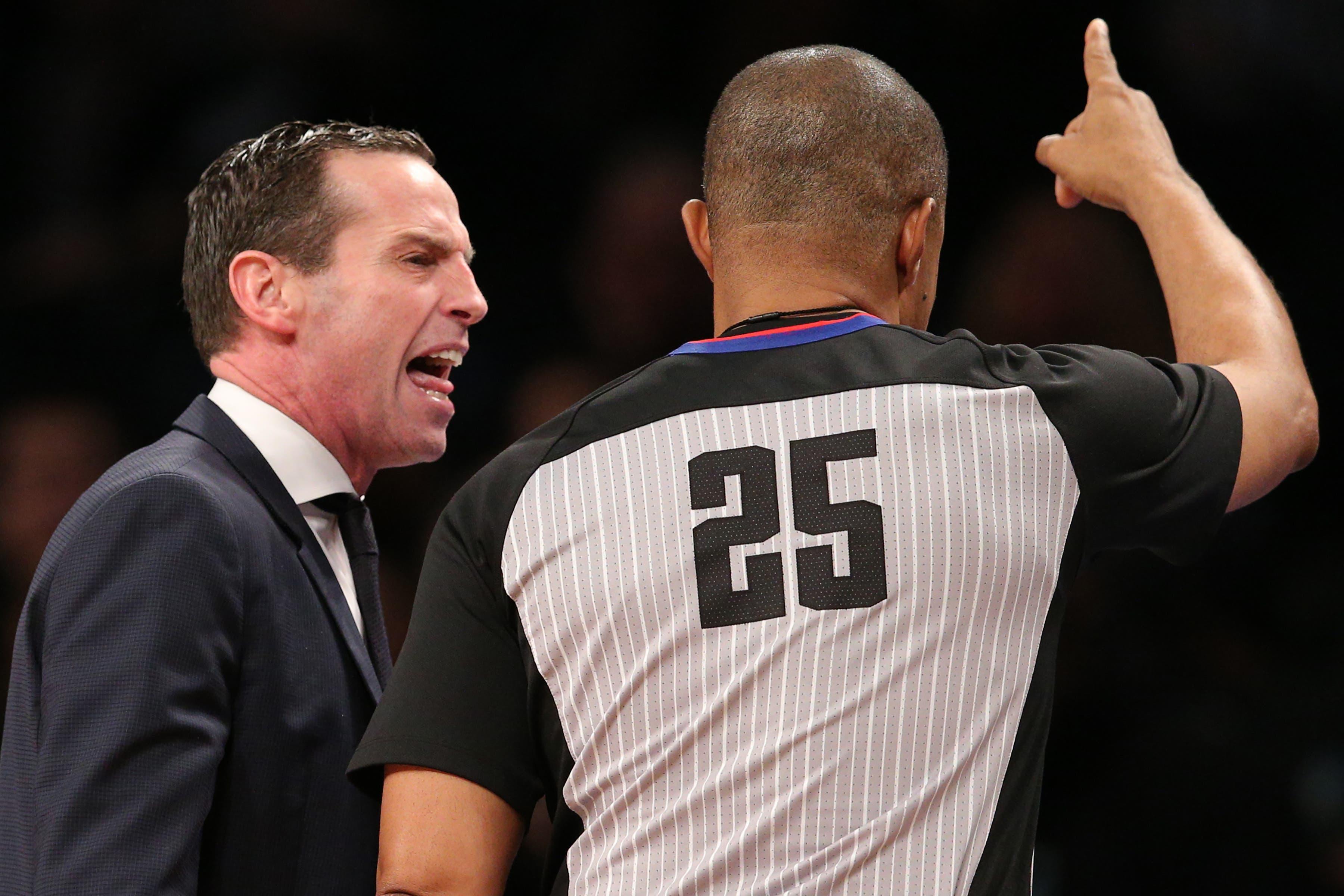 Dec 21, 2018; Brooklyn, NY, USA; Brooklyn Nets head coach Kenny Atkinson yells at referee Tony Brothers (25) during the fourth quarter against the Indiana Pacers at Barclays Center. Mandatory Credit: Brad Penner-USA TODAY Sports / Brad Penner