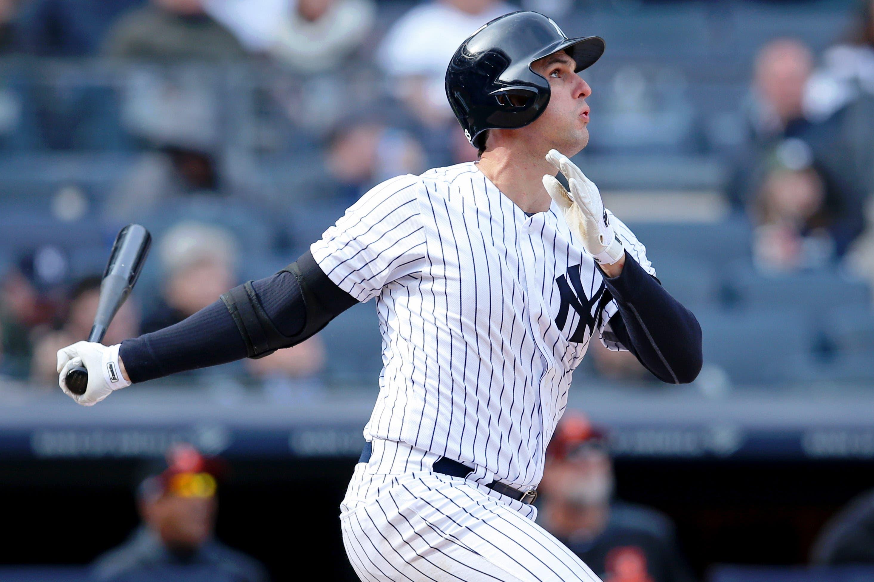 Mar 28, 2019; Bronx, NY, USA; New York Yankees first baseman Greg Bird (33) watches his solo home run against the Baltimore Orioles during the eighth inning at Yankee Stadium. Mandatory Credit: Brad Penner-USA TODAY Sports / Brad Penner