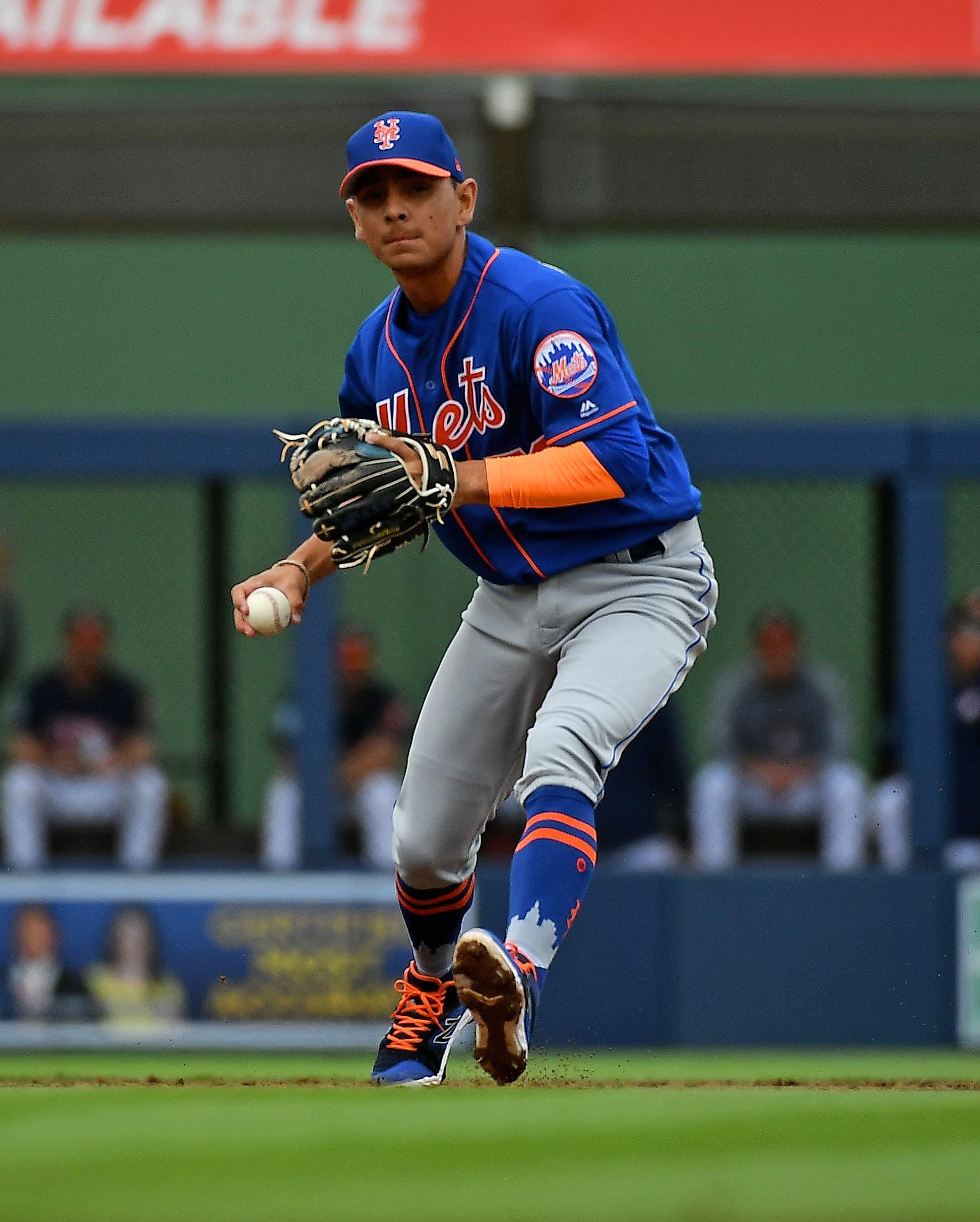 Feb 25, 2019; West Palm Beach, FL, USA; New York Mets shortstop Andres Gimenez (72) fields a ground ball in the second inning against the Houston Astros during a spring training game at FITTEAM Ballpark of the Palm Beaches. Mandatory Credit: Jasen Vinlove-USA TODAY Sports / Jasen Vinlove