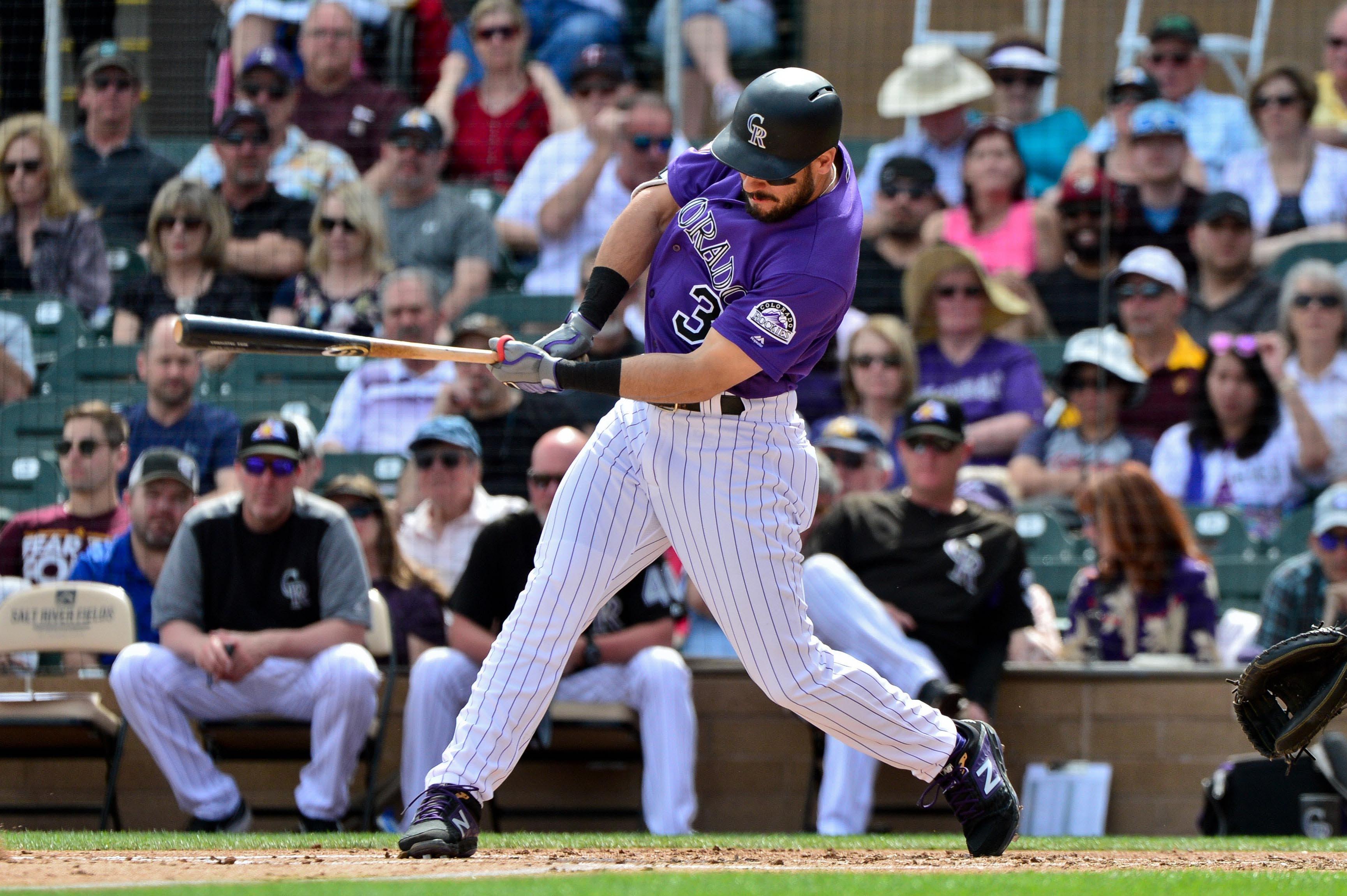 Mar 6, 2019; Salt River Pima-Maricopa, AZ, USA; Colorado Rockies center fielder Mike Tauchman (3) grounds out in the second inning against the Los Angeles Angels at Salt River Fields at Talking Stick. Mandatory Credit: Matt Kartozian-USA TODAY Sports / Matt Kartozian