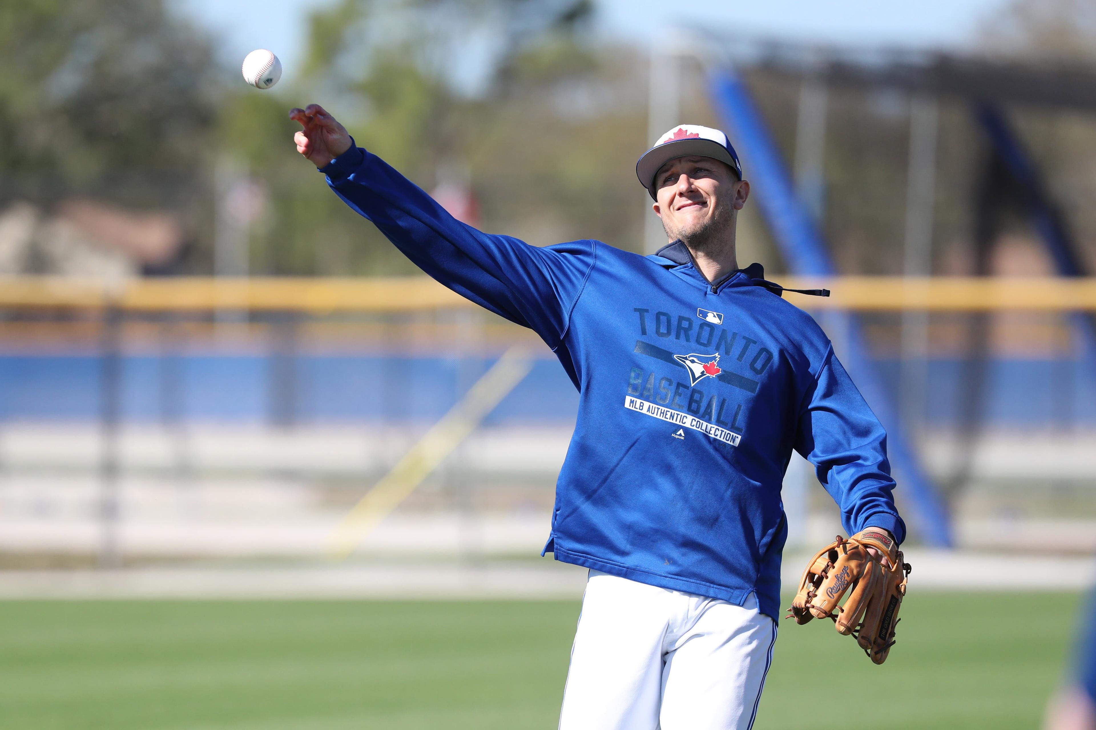 Toronto Blue Jays shortstop Troy Tulowitzki throws during spring training workouts at Bobby Mattick Training Center. / Kim Klement/USA TODAY Sports