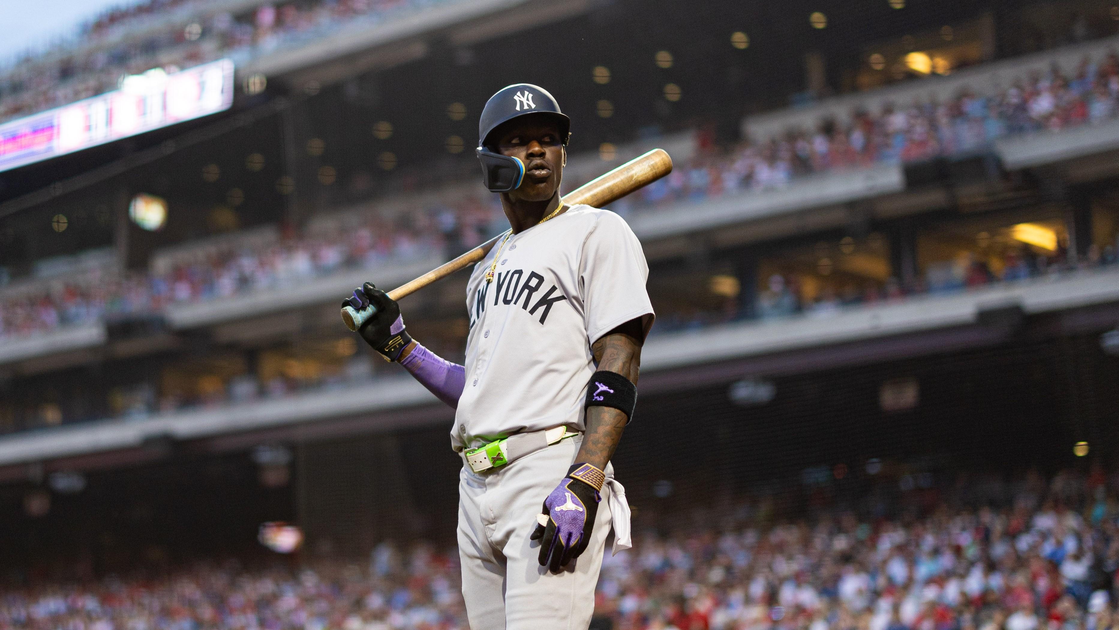 Jul 30, 2024; Philadelphia, Pennsylvania, USA; New York Yankees third base Jazz Chisholm Jr. (13) prepares to bat against the Philadelphia Phillies during the fifth inning at Citizens Bank Park. Mandatory Credit: Bill Streicher-USA TODAY Sports